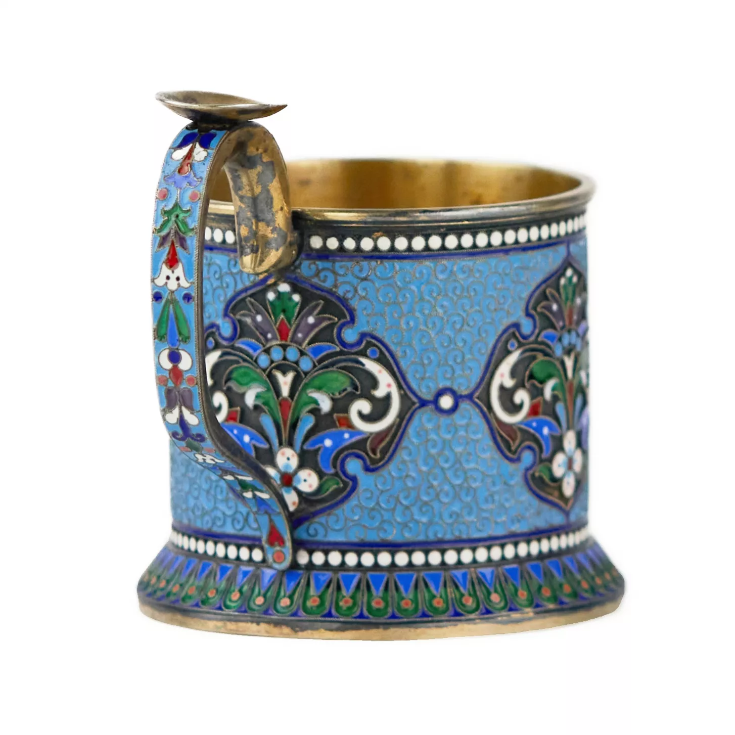 Porte-verre en argent de style néo-russe avec émail cloisonné et dorure. Lyubavin Fin du 19ème siècle. 