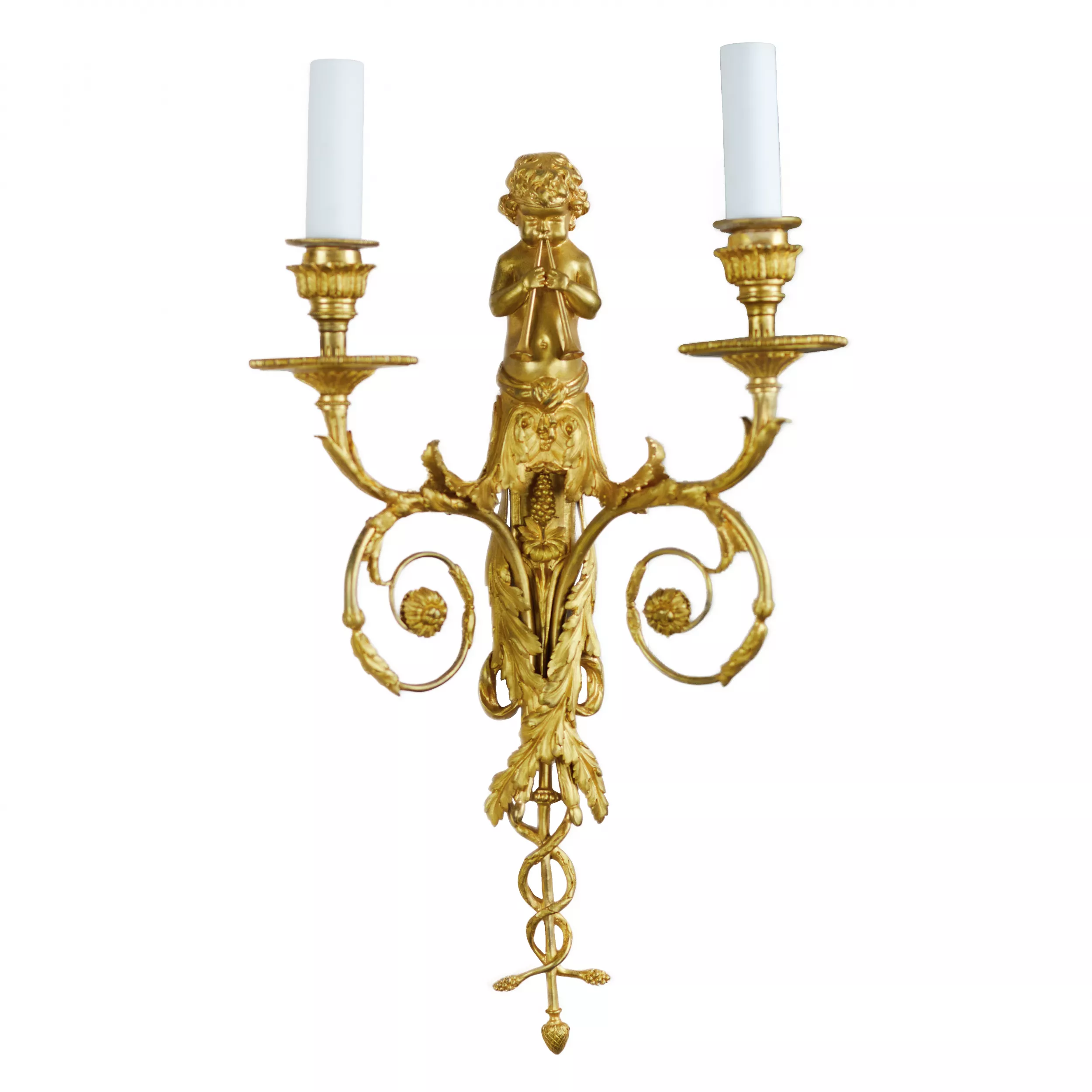 A PAIR OF FRENCH GILT-BRONZE TWO-LIGHT WALL APPLIQUES IN THE LOUIS XVI STYLE. AFTER A MODEL BY JEAN HAURÉ. FRANCE, SECOND HALF OF THE 19TH CENTURY