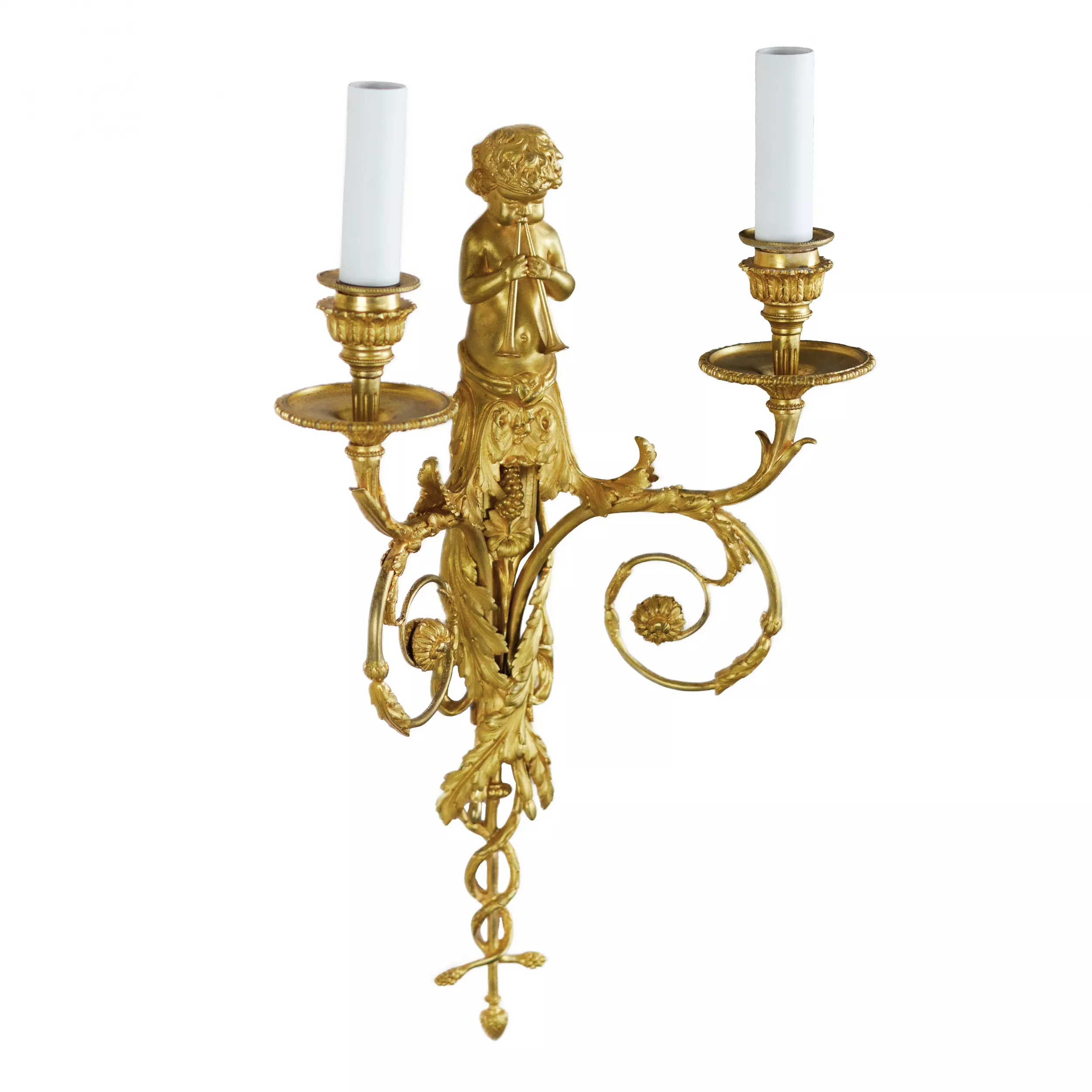A PAIR OF FRENCH GILT-BRONZE TWO-LIGHT WALL APPLIQUES IN THE LOUIS XVI STYLE. AFTER A MODEL BY JEAN HAURÉ. FRANCE, SECOND HALF OF THE 19TH CENTURY