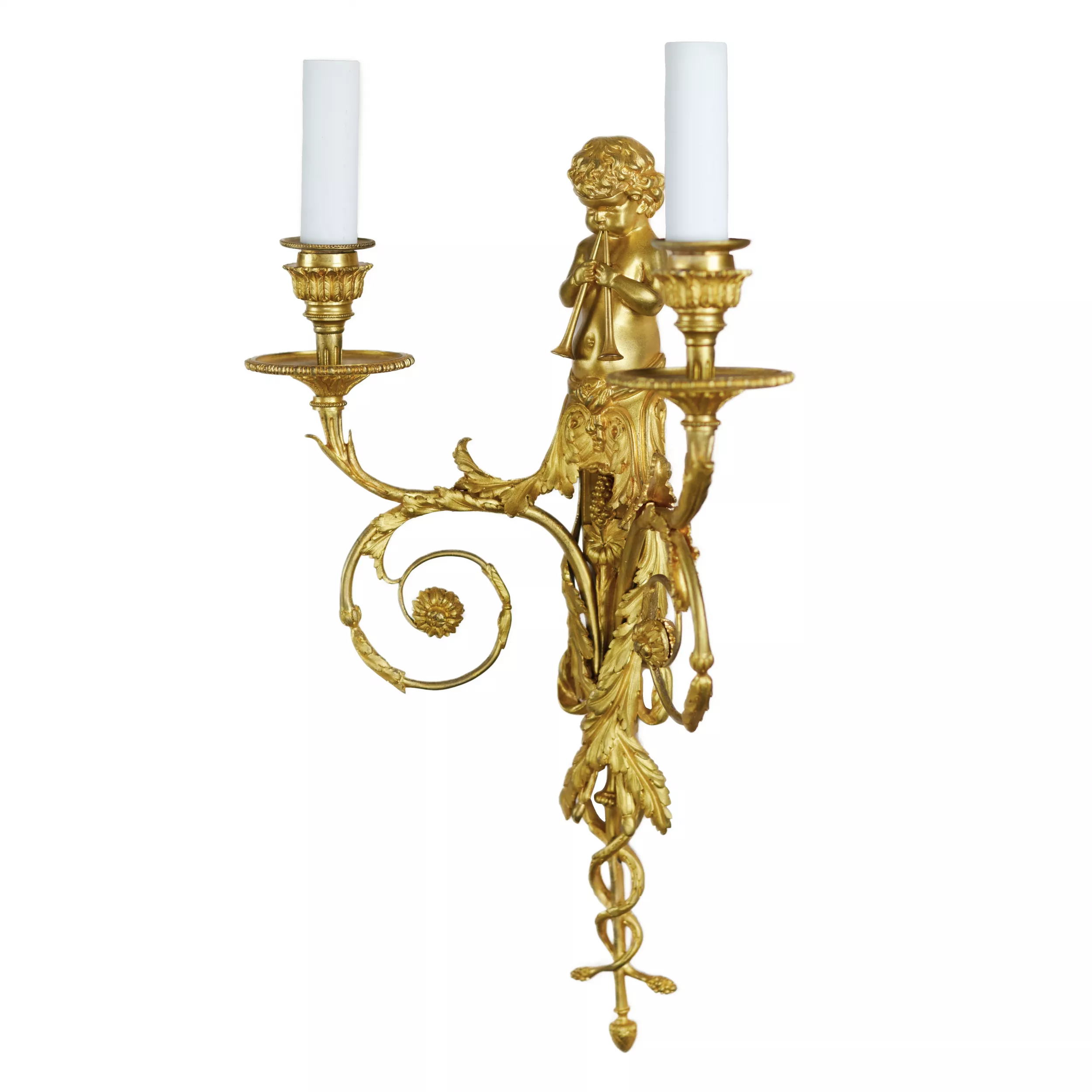 A PAIR OF FRENCH GILT-BRONZE TWO-LIGHT WALL APPLIQUES IN THE LOUIS XVI STYLE. AFTER A MODEL BY JEAN HAURÉ. FRANCE, SECOND HALF OF THE 19TH CENTURY