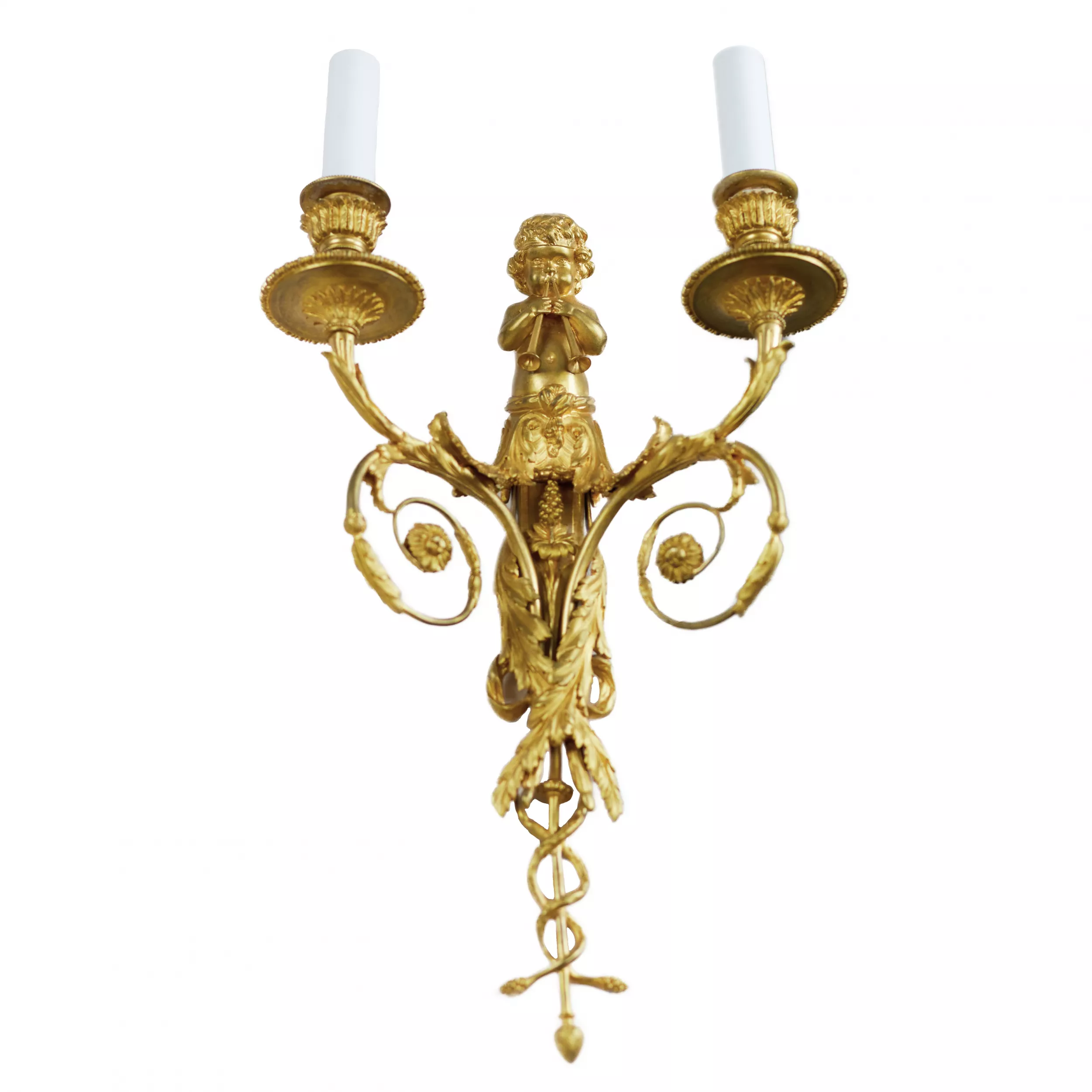 A PAIR OF FRENCH GILT-BRONZE TWO-LIGHT WALL APPLIQUES IN THE LOUIS XVI STYLE. AFTER A MODEL BY JEAN HAURÉ. FRANCE, SECOND HALF OF THE 19TH CENTURY