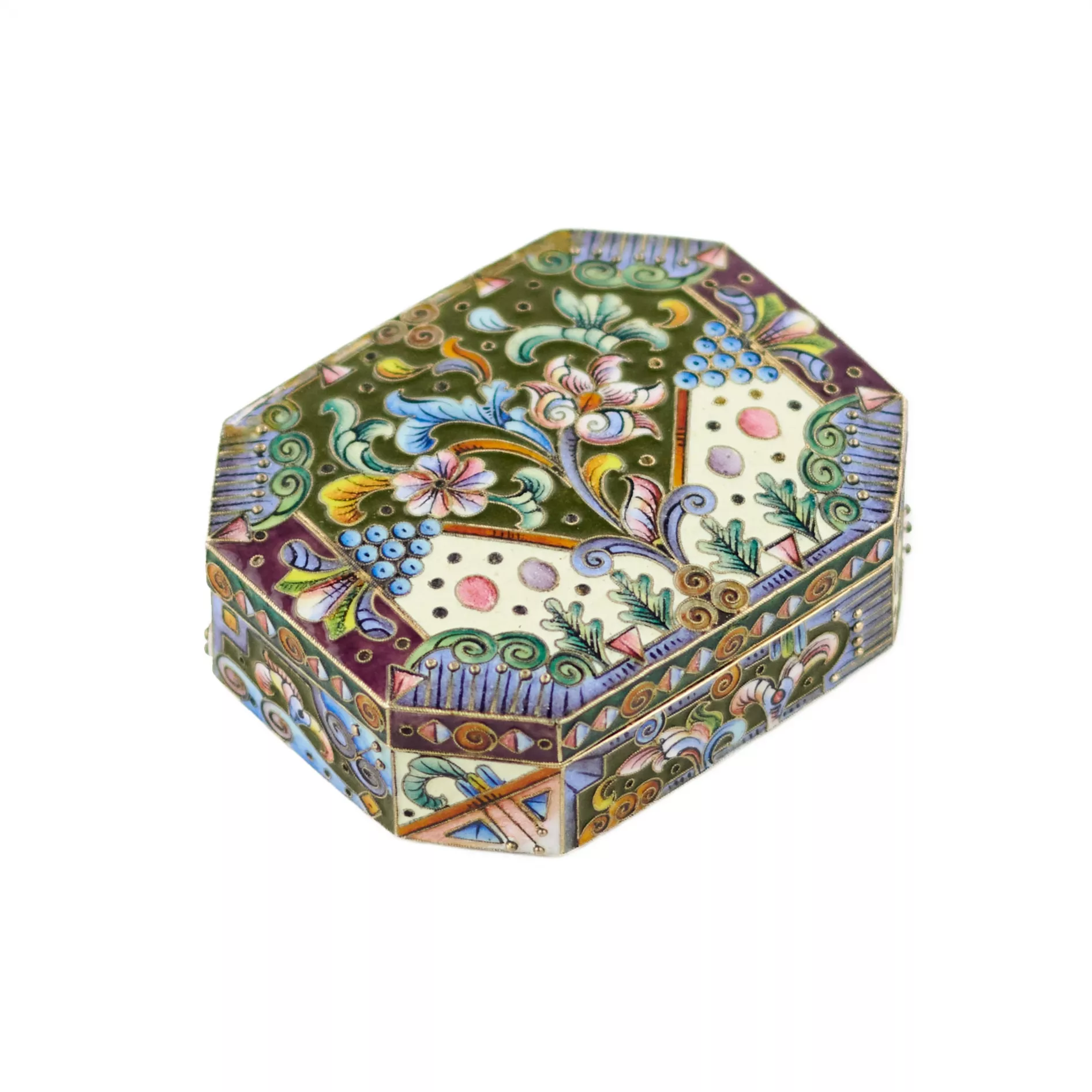 COFFRET À TABAC EN ARGENT RUSSE DE STYLE ART NOUVEAU AVEC ÉMAIL CLOISONNÉ. 6e ARTEL DE JOAILLIERS DE MOSCOU  RUSSIE, MOSCOU, 1908–1917