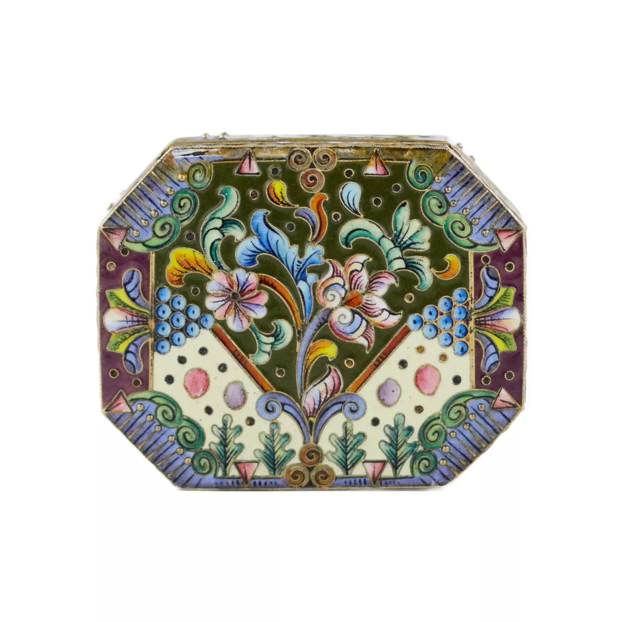 COFFRET À TABAC EN ARGENT RUSSE DE STYLE ART NOUVEAU AVEC ÉMAIL CLOISONNÉ. 6e ARTEL DE JOAILLIERS DE MOSCOU  RUSSIE, MOSCOU, 1908–1917