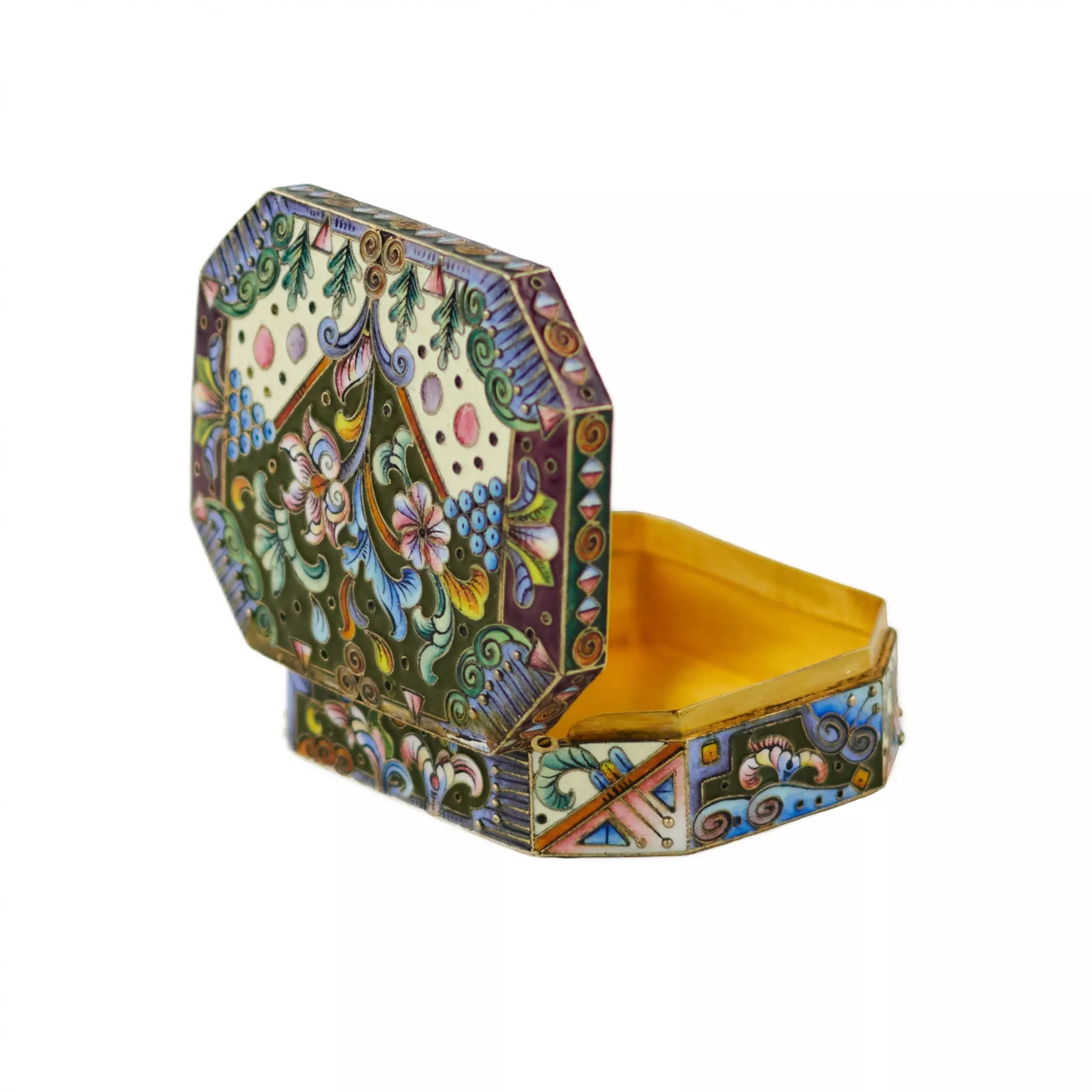 COFFRET À TABAC EN ARGENT RUSSE DE STYLE ART NOUVEAU AVEC ÉMAIL CLOISONNÉ. 6e ARTEL DE JOAILLIERS DE MOSCOU  RUSSIE, MOSCOU, 1908–1917