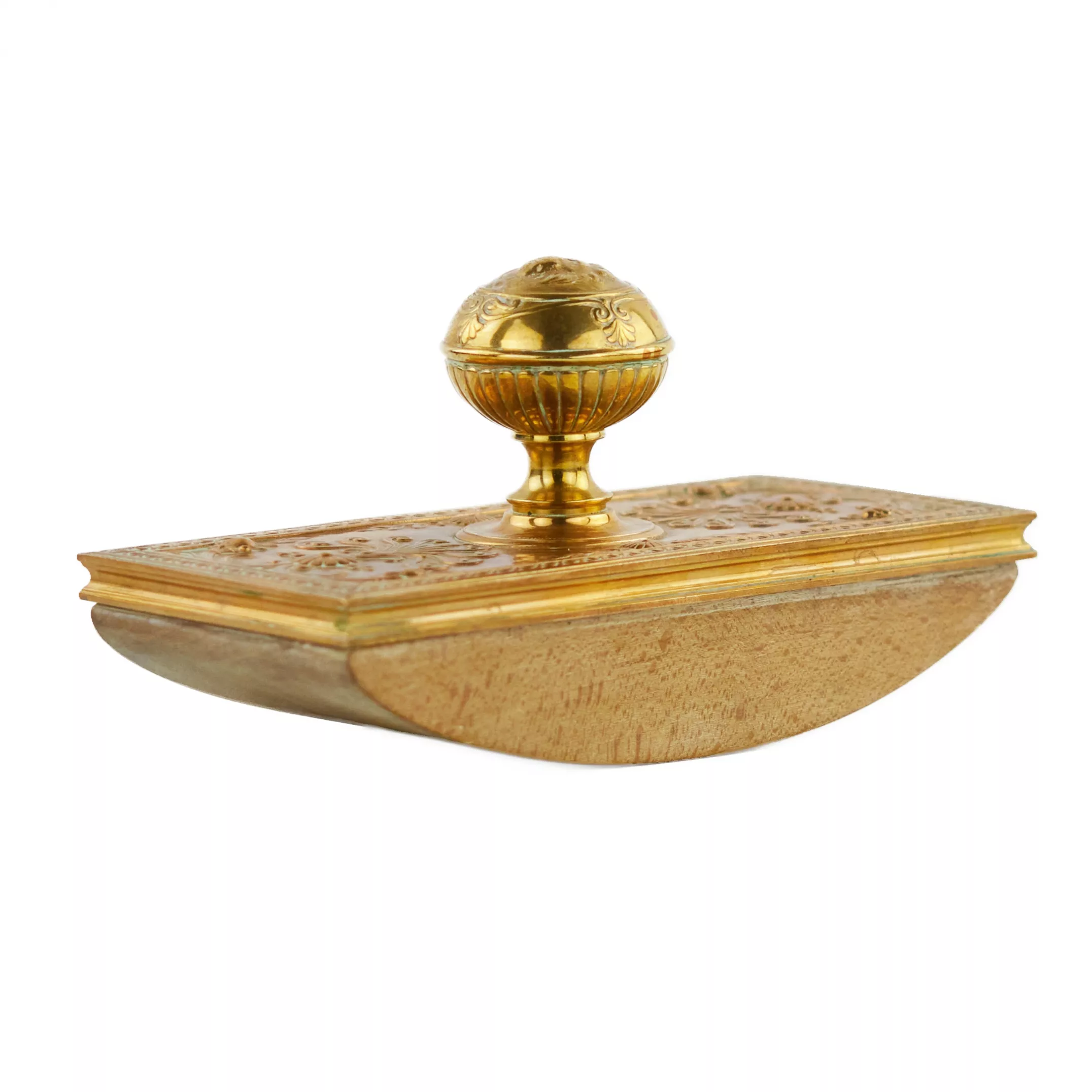 A heavy paperweight made of bronze and wood, in the style of Napoleon III, by the workshop of F. BARBEDIENNE. 
