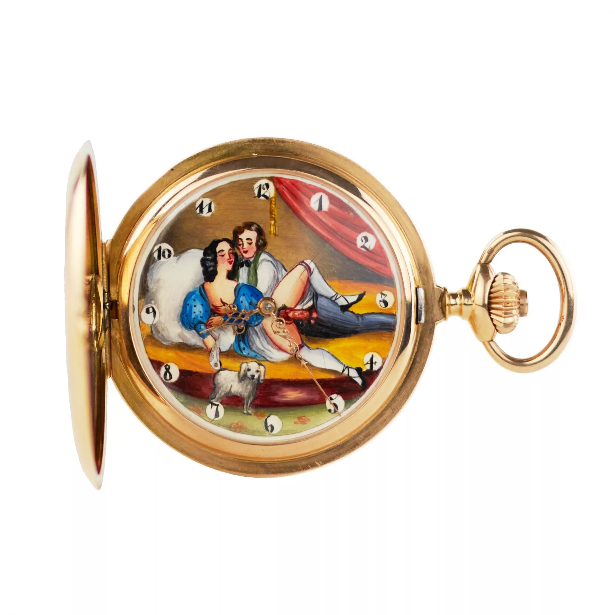Montre de poche en or à trois boîtiers avec une chaîne et une scène érotique sur le cadran. 1900 