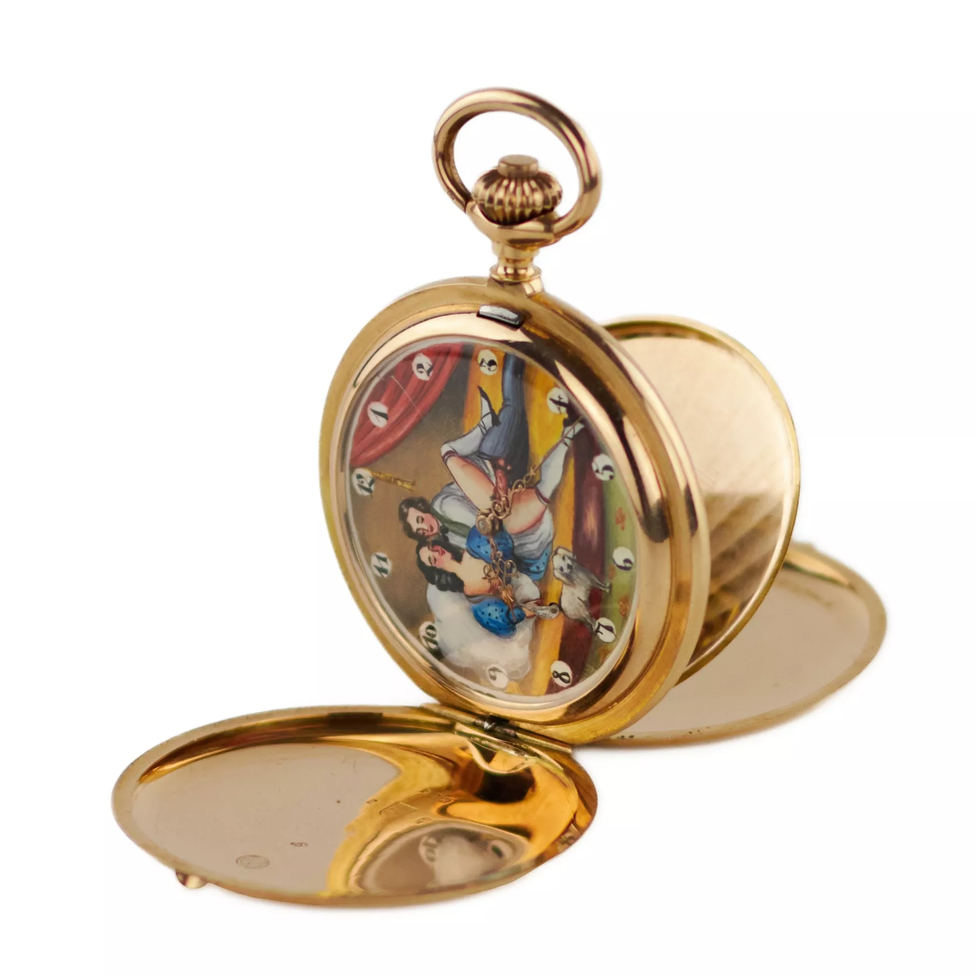 Montre de poche en or à trois boîtiers avec une chaîne et une scène érotique sur le cadran. 1900 