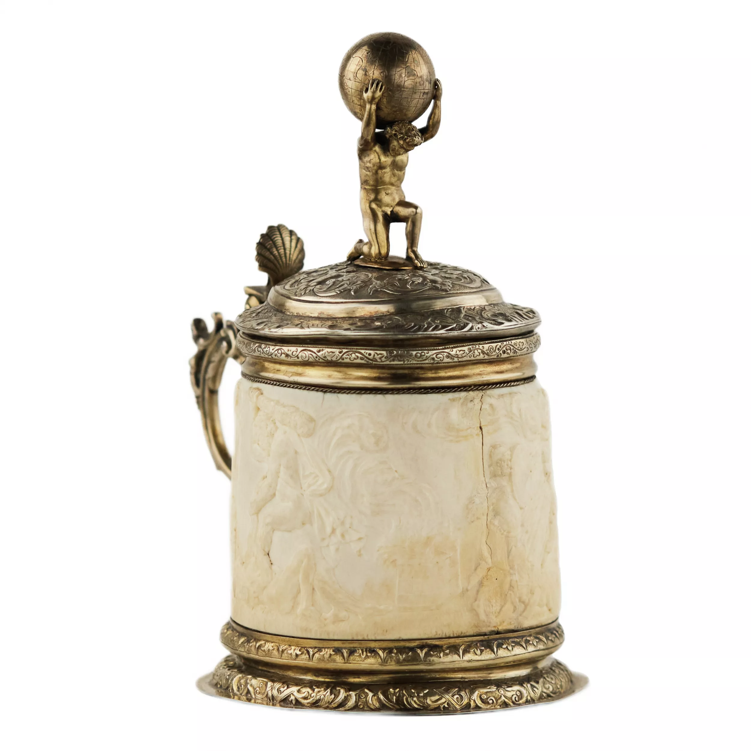 SILVER BEER TANKARD WITH ATLAS AND CARVED IVORY RELIGIOUS SCENES LÜBECK, FREE IMPERIAL CITY, 17TH CENTURY