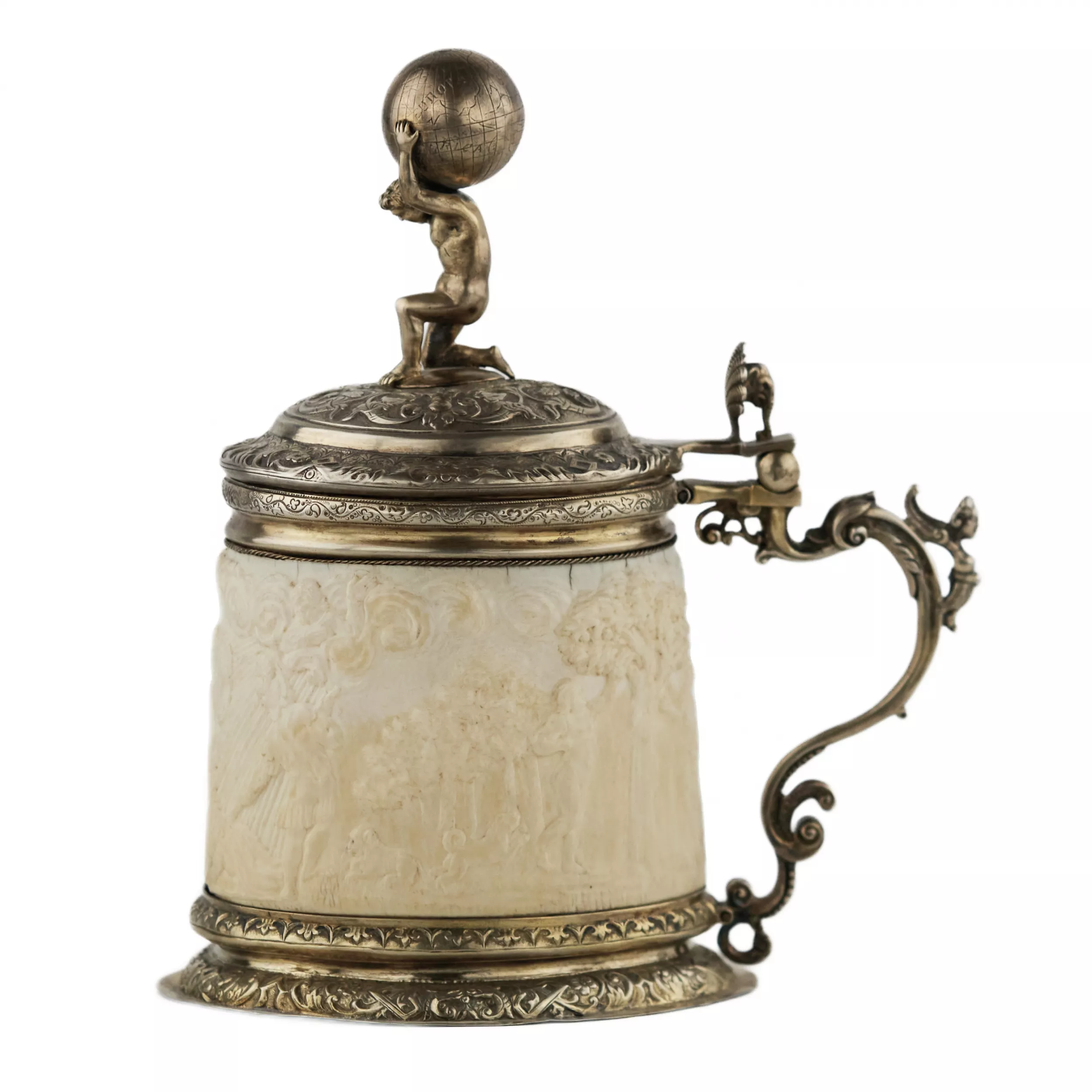 SILVER BEER TANKARD WITH ATLAS AND CARVED IVORY RELIGIOUS SCENES LÜBECK, FREE IMPERIAL CITY, 17TH CENTURY