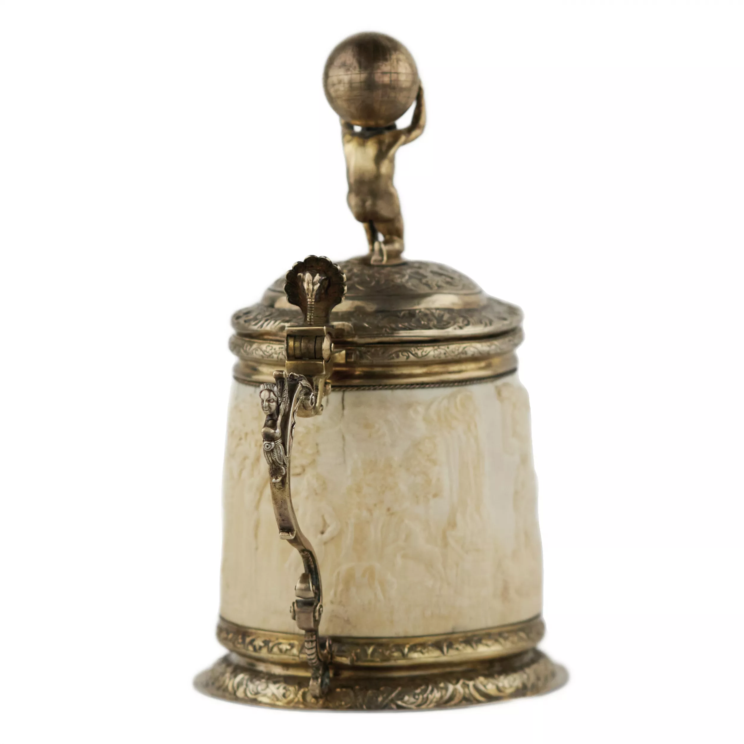 SILVER BEER TANKARD WITH ATLAS AND CARVED IVORY RELIGIOUS SCENES LÜBECK, FREE IMPERIAL CITY, 17TH CENTURY