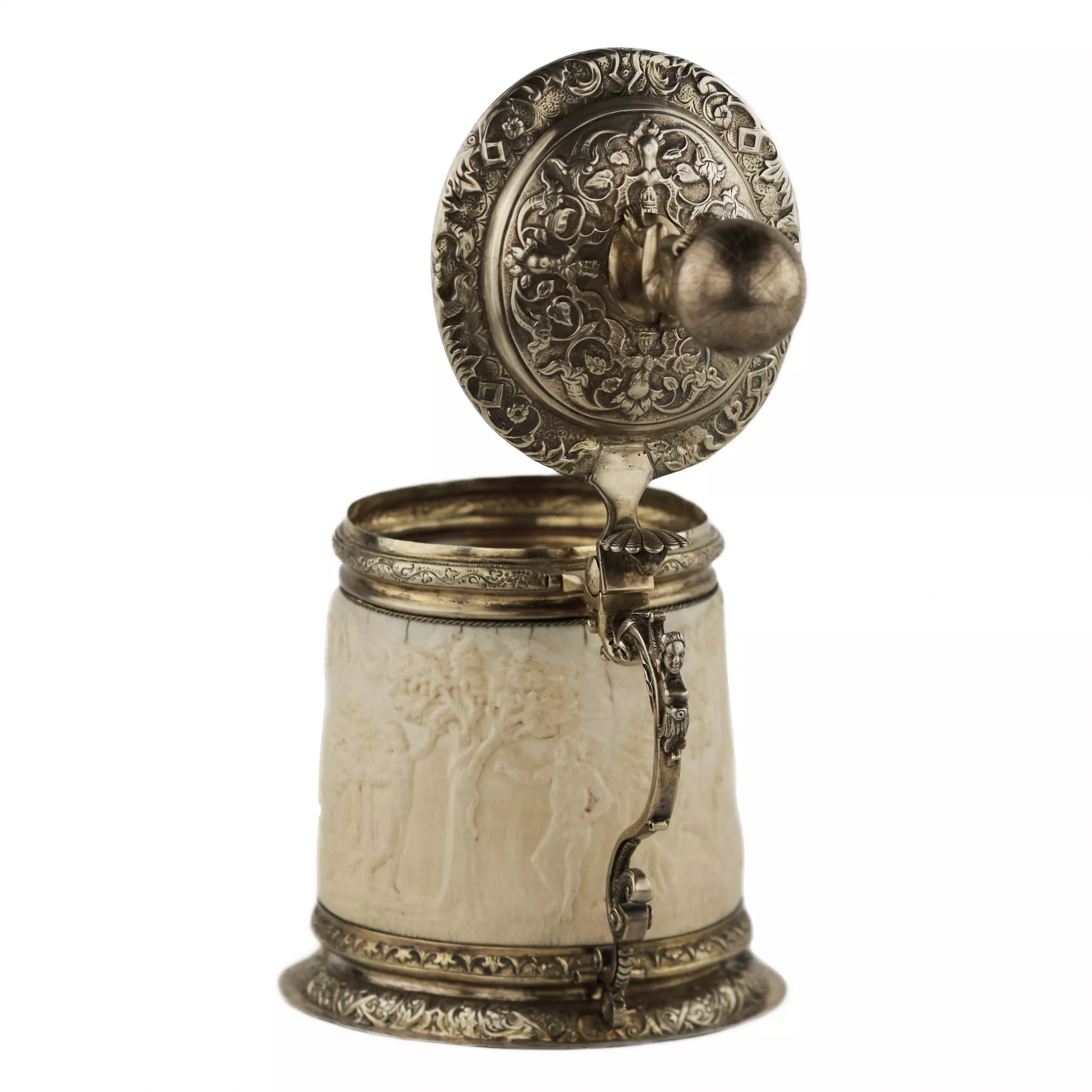 SILVER BEER TANKARD WITH ATLAS AND CARVED IVORY RELIGIOUS SCENES LÜBECK, FREE IMPERIAL CITY, 17TH CENTURY