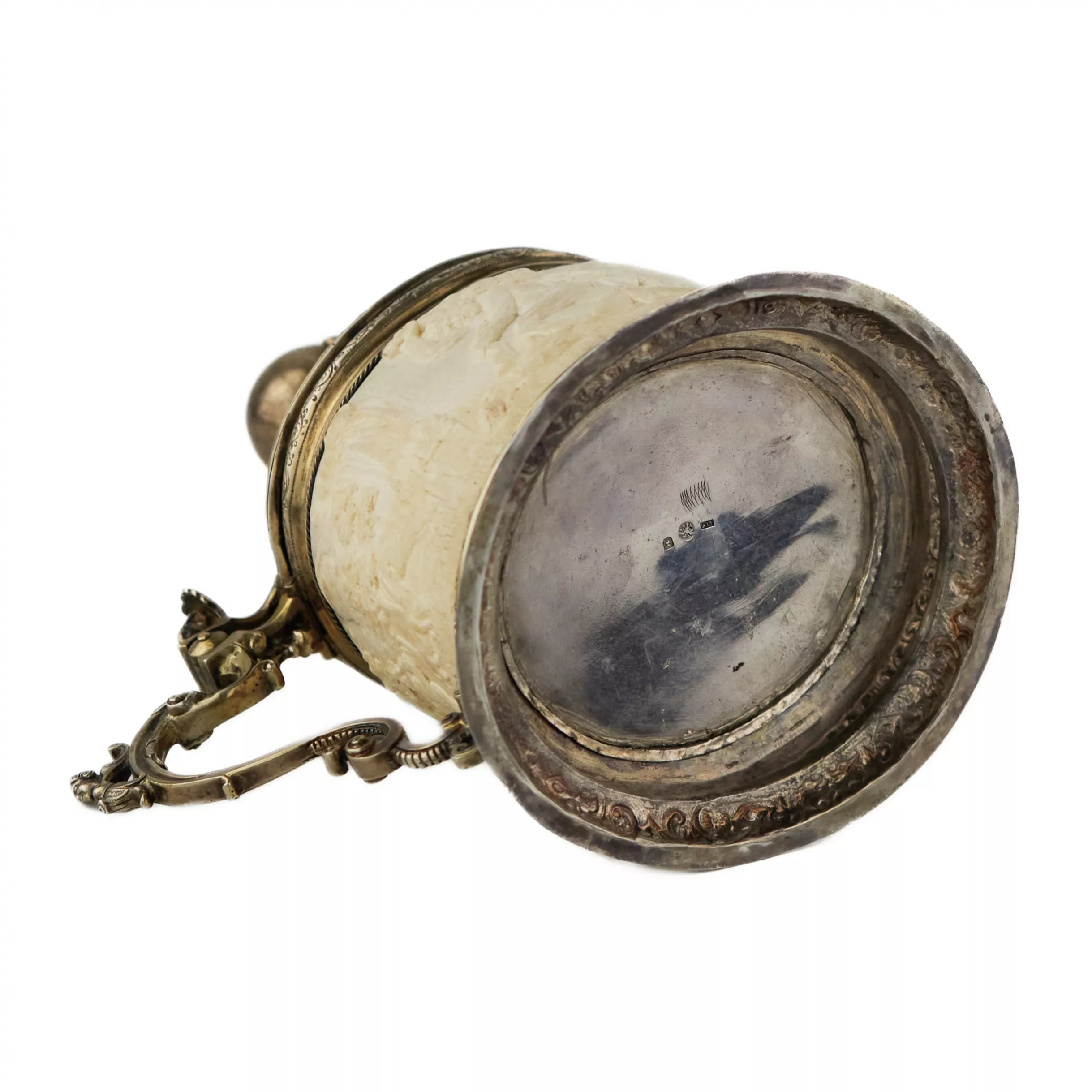 SILVER BEER TANKARD WITH ATLAS AND CARVED IVORY RELIGIOUS SCENES LÜBECK, FREE IMPERIAL CITY, 17TH CENTURY