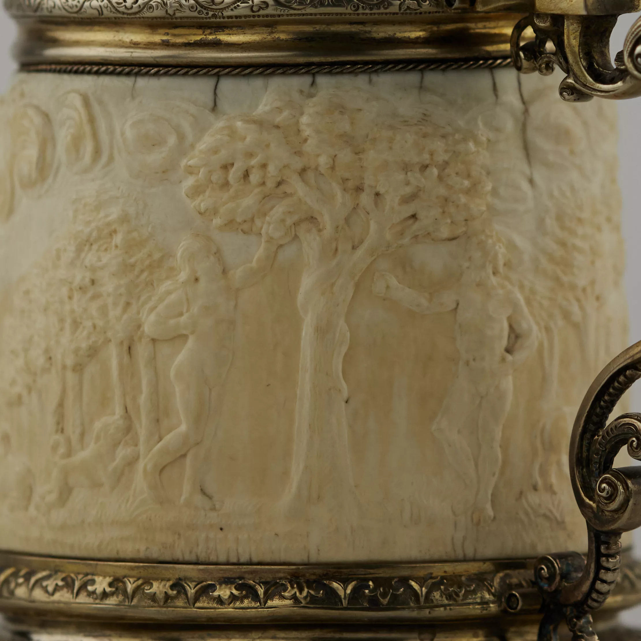 SILVER BEER TANKARD WITH ATLAS AND CARVED IVORY RELIGIOUS SCENES LÜBECK, FREE IMPERIAL CITY, 17TH CENTURY
