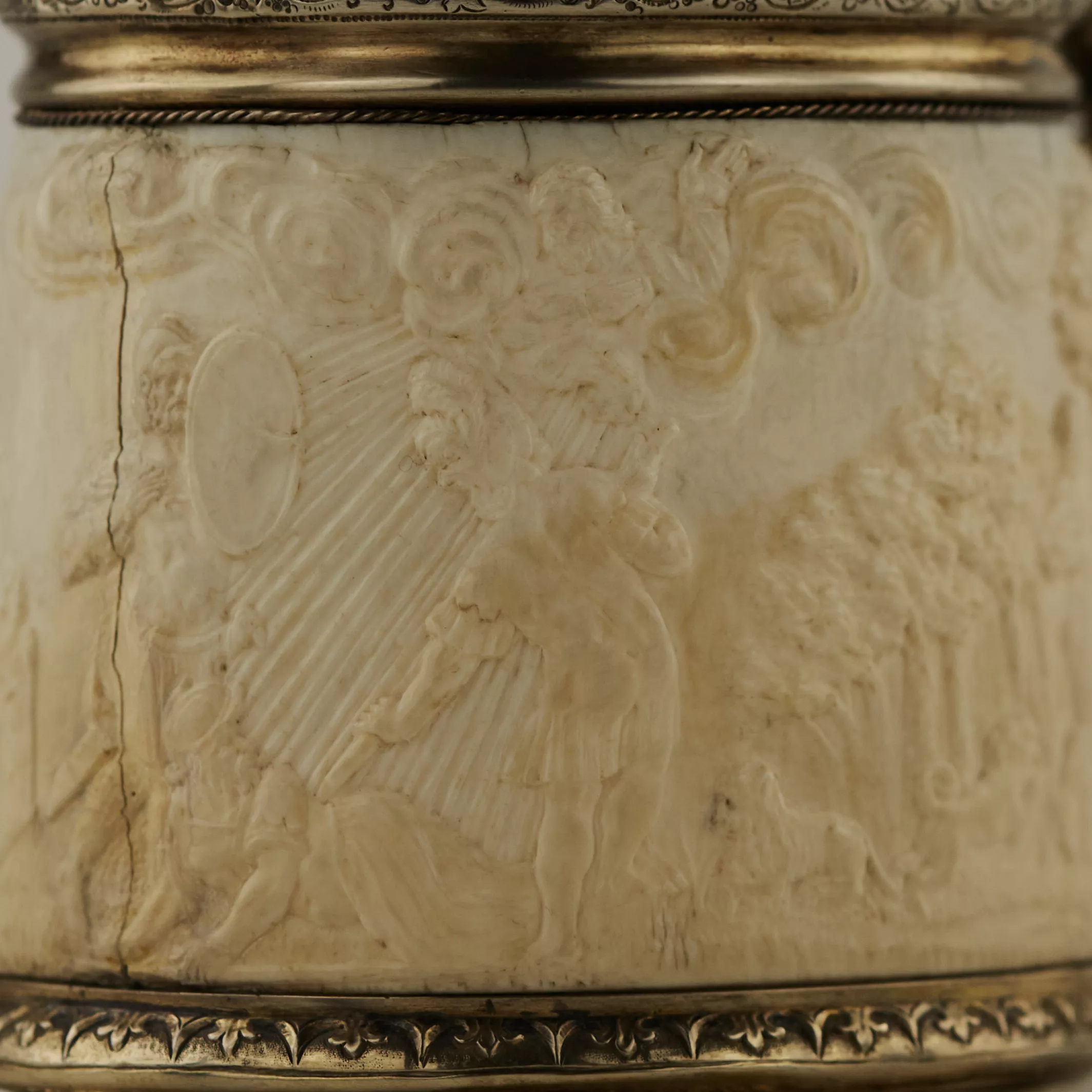 SILVER BEER TANKARD WITH ATLAS AND CARVED IVORY RELIGIOUS SCENES LÜBECK, FREE IMPERIAL CITY, 17TH CENTURY