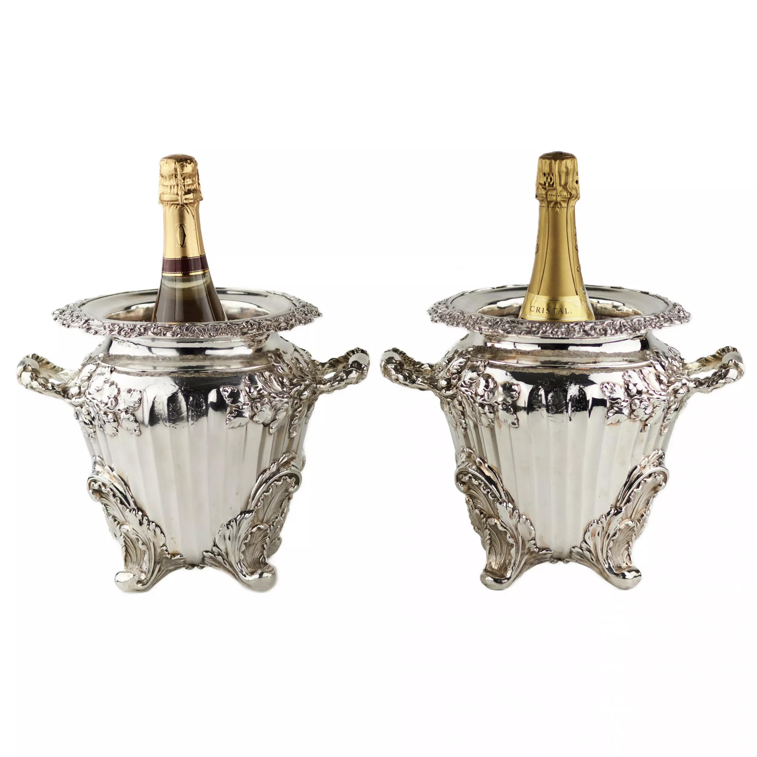 Pair of large, embossed silver wine coolers. England. 1804 Stephen Adams. 