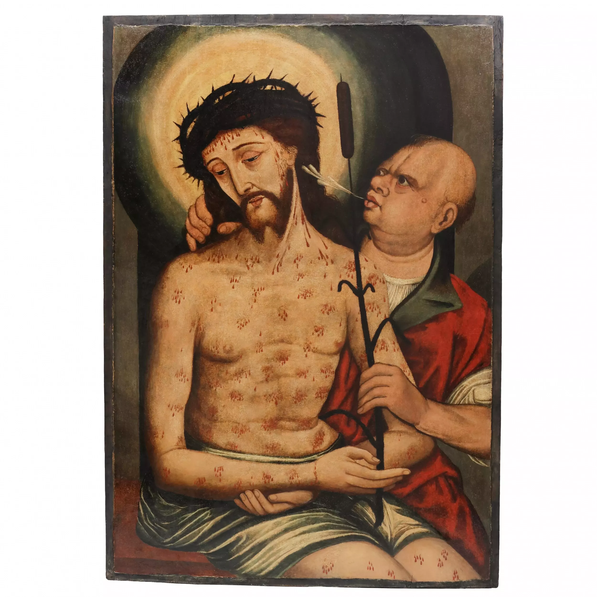 Un panneau d`autel haché avec une scène de la pose de la couronne d`épines. Ecce Homo, école castillane. 16e siècle. 
