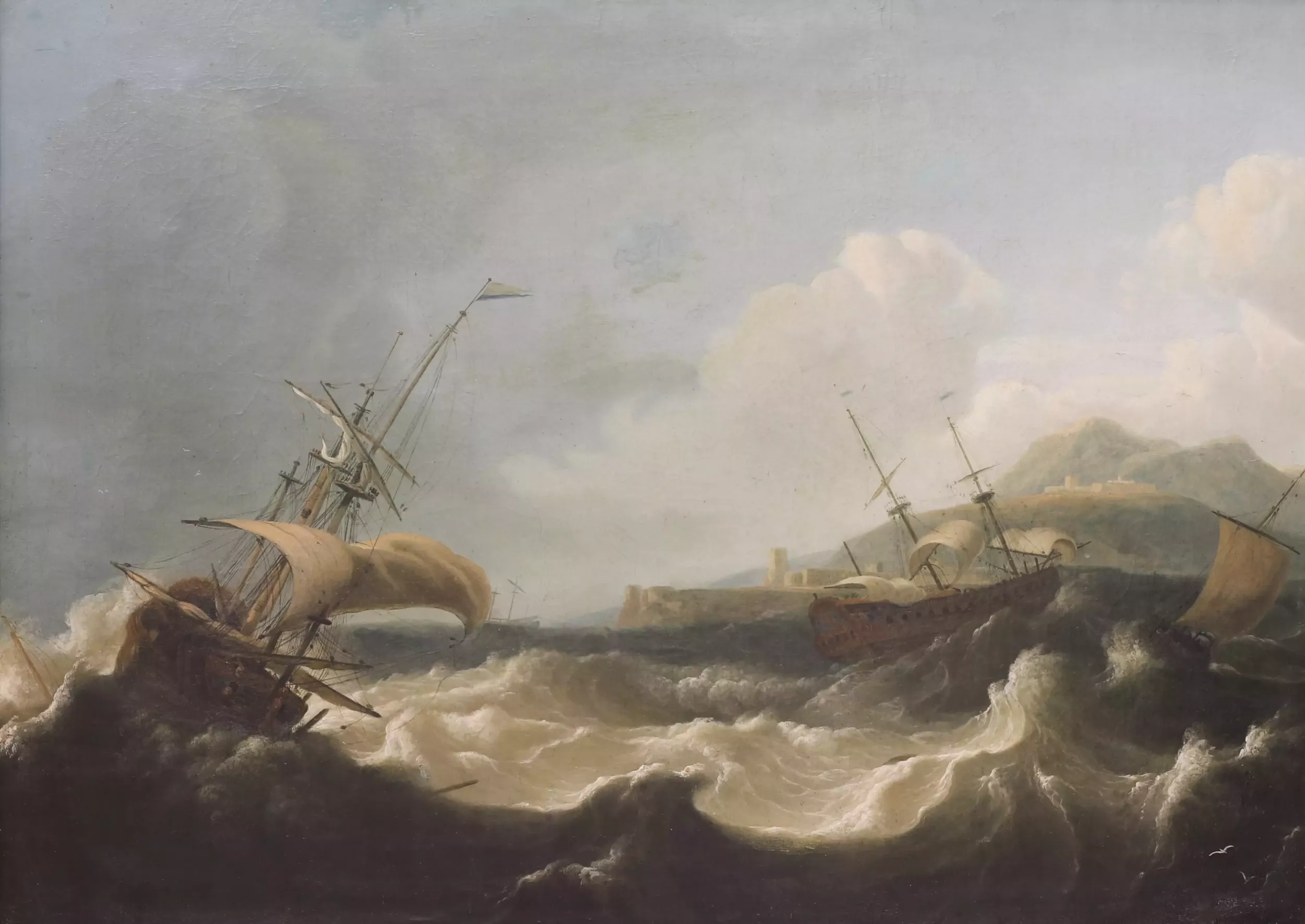 Paysage marin Mer agitée avec voiliers. 18e - 19e siècle. 