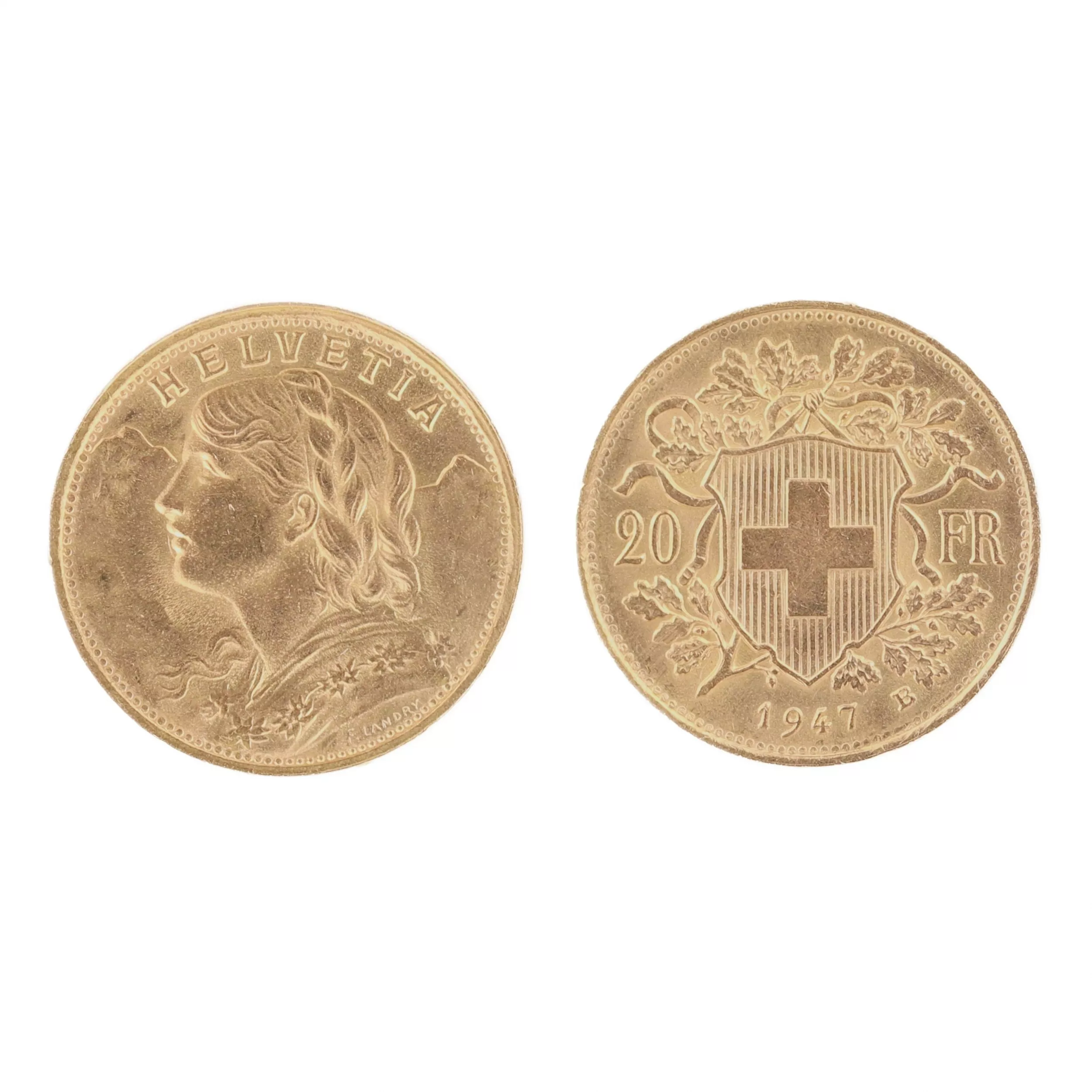 Pièce d`or de 20 francs suisses. 1947. 