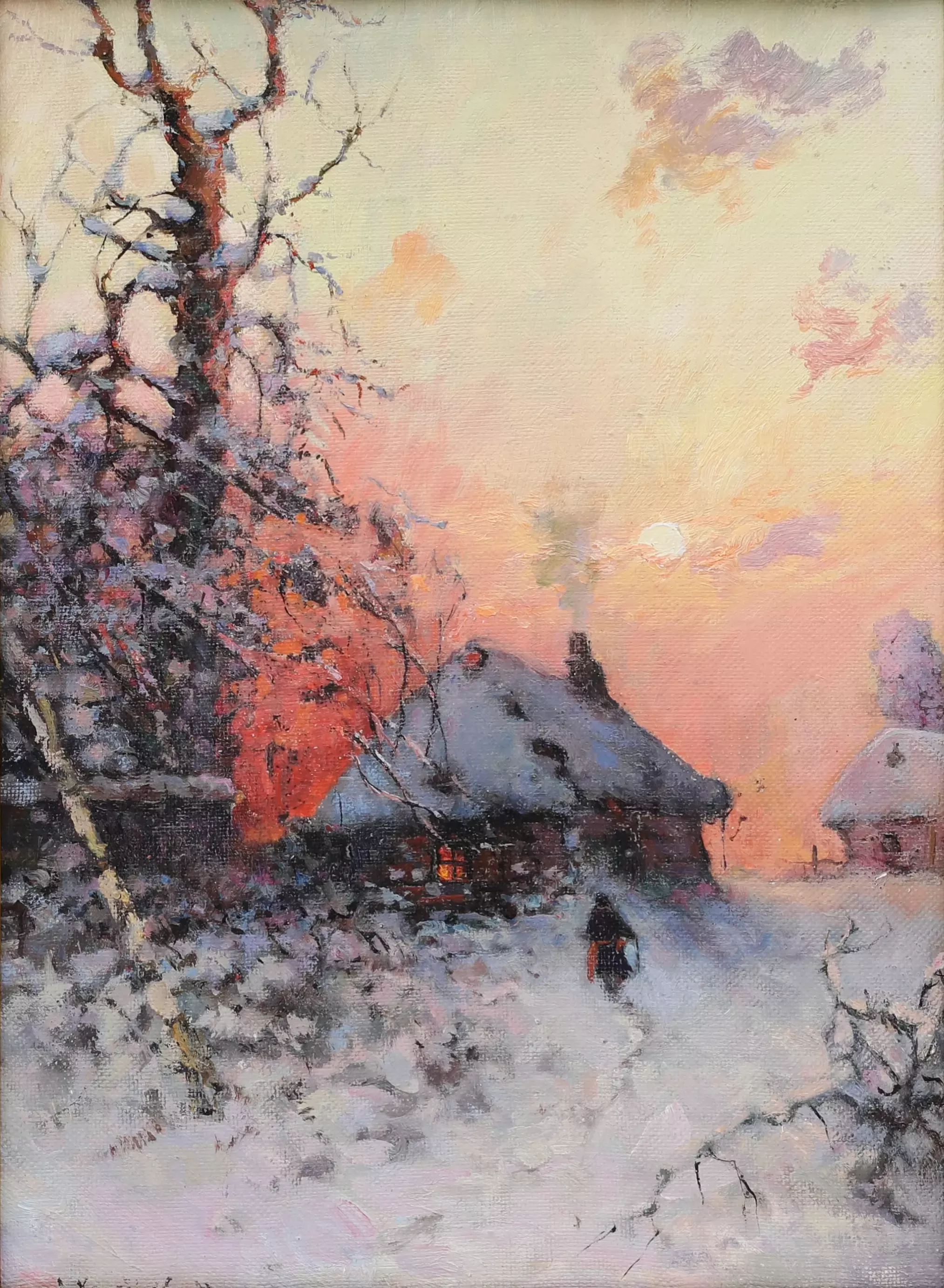  Paysage russe SOIRÉE D`HIVER DANS UN VILLAGE, école de Julius Klever. Le tournant des XIXe-XXe siècles. 
