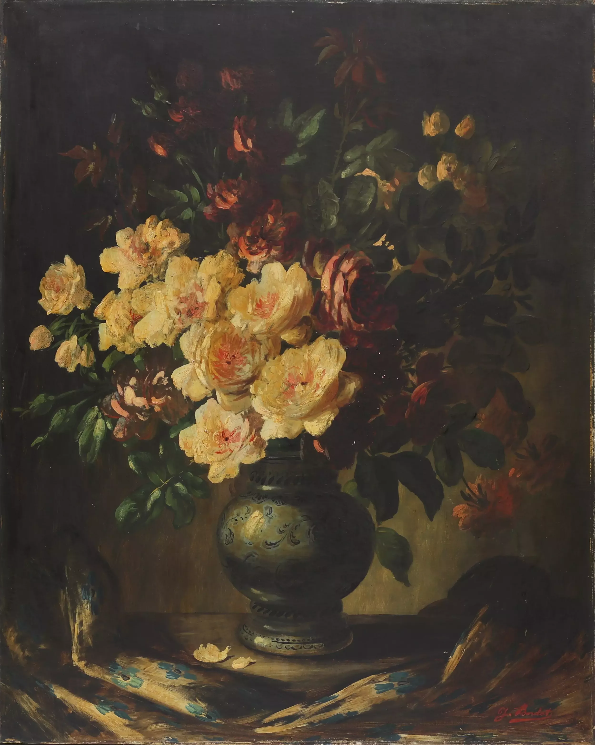 Still life with a bouquet of roses. C.BARDET. The turn of the 19th - 20th centuries. 