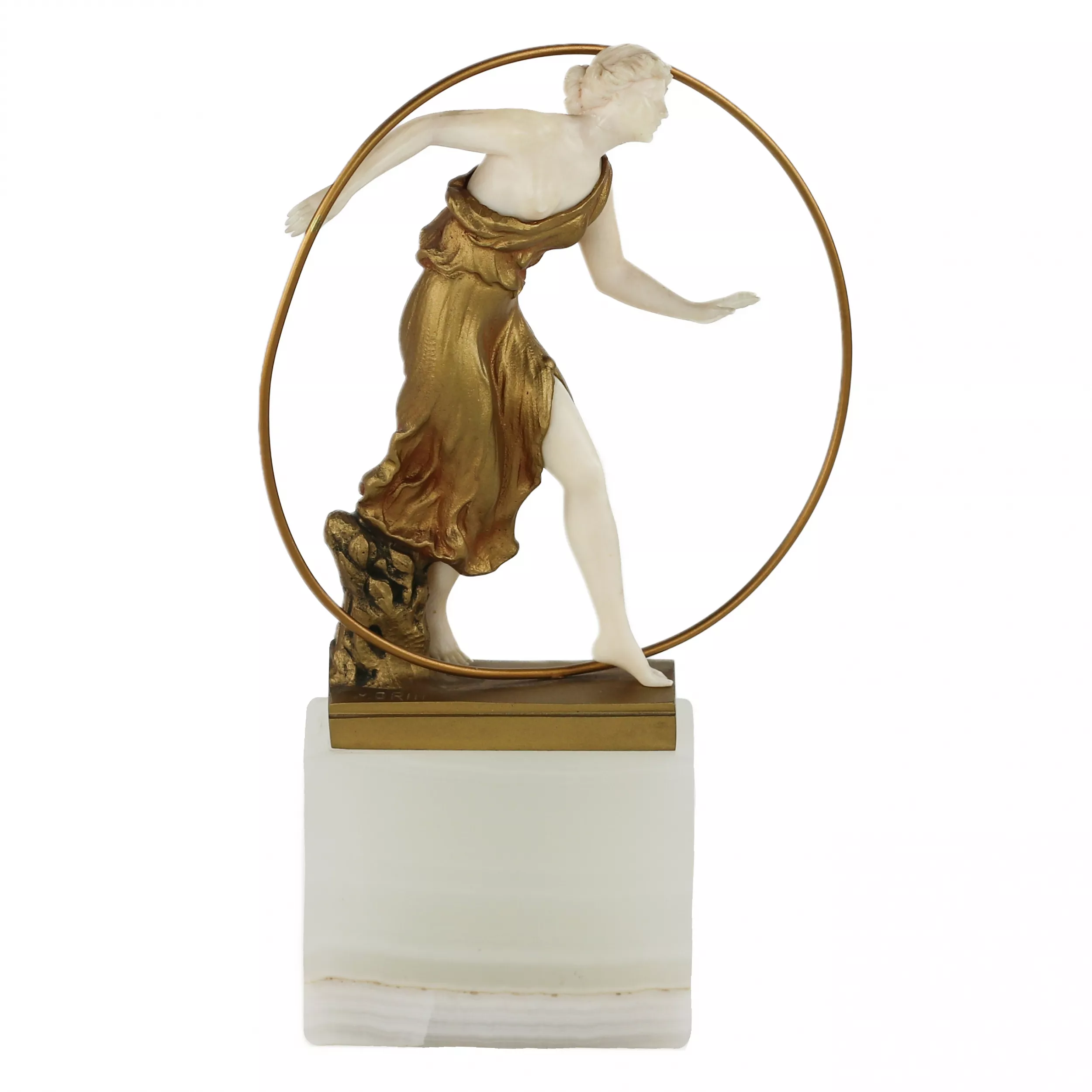 WOMAN WITH A HOOP. CHRYSÉLÉPHANTINE SCULPTURE BY GEORGES MORIN. FRANCE, CIRCA 1920