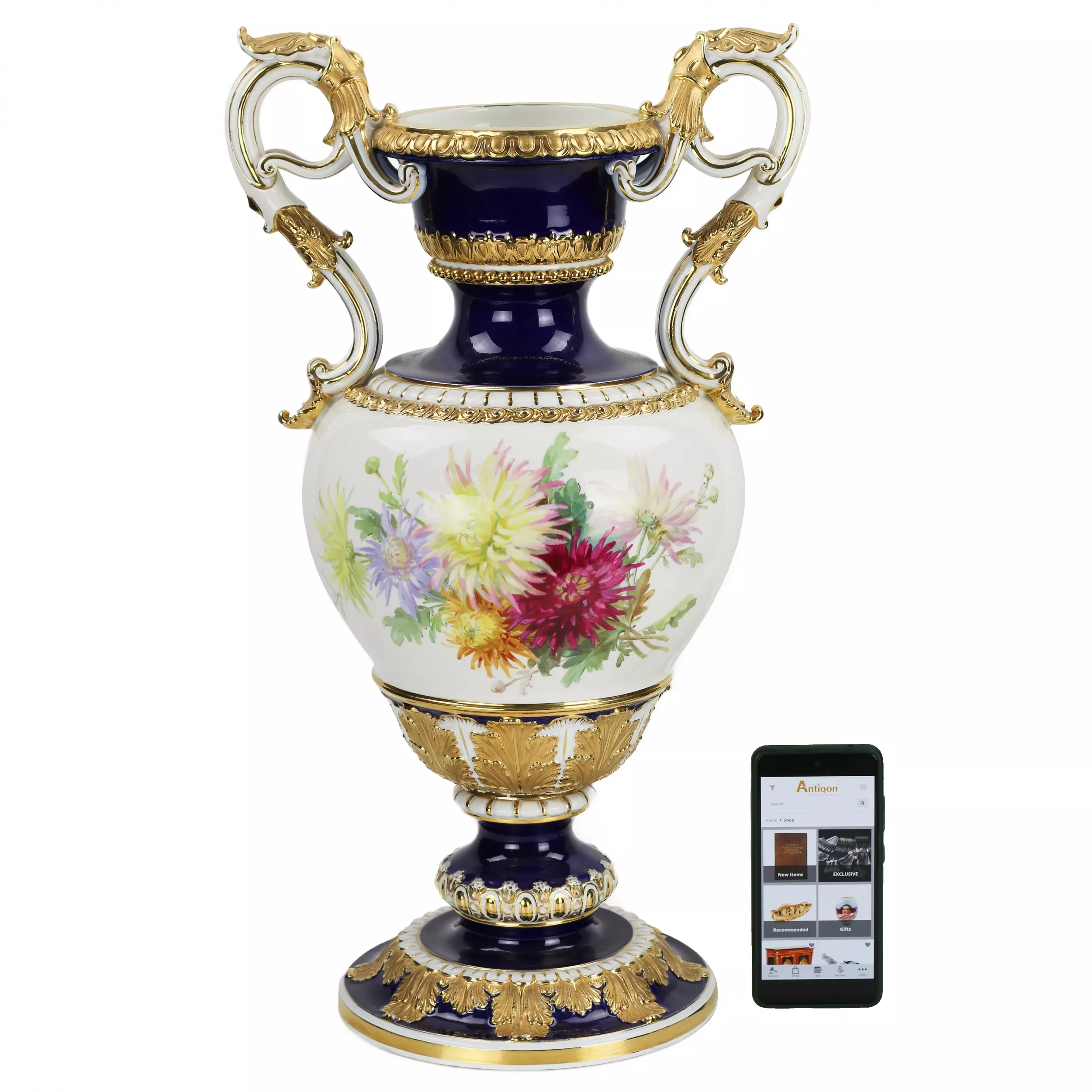 LARGE SALON VASE WITH FLORAL BOUQUETS. ERNST AUGUST LEUTERITZ GERMANY, MEISSEN, SECOND HALF OF THE 19TH CENTURY