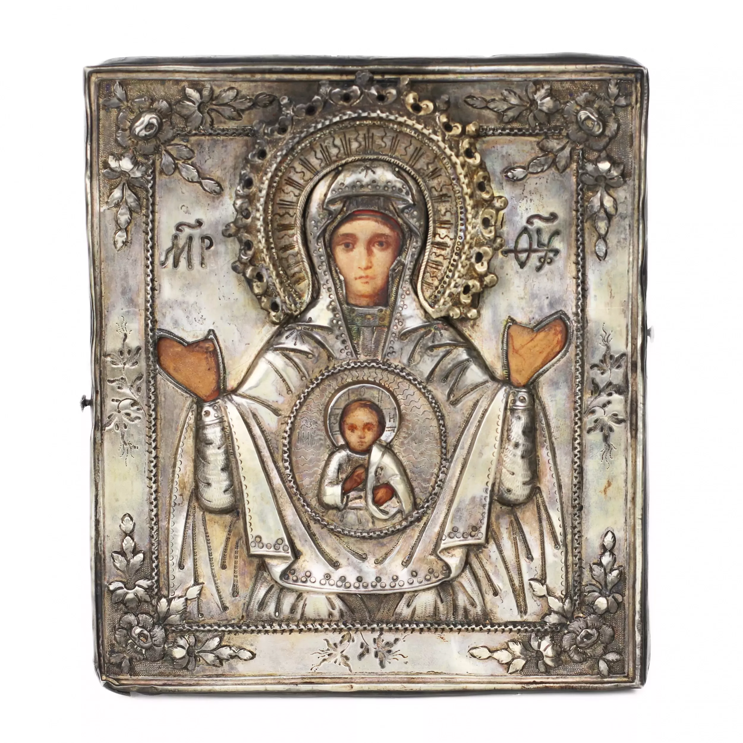 Icône de Novgorod de la Mère de Dieu du Signe dans un cadre en argent. Russie.19ème siècle 