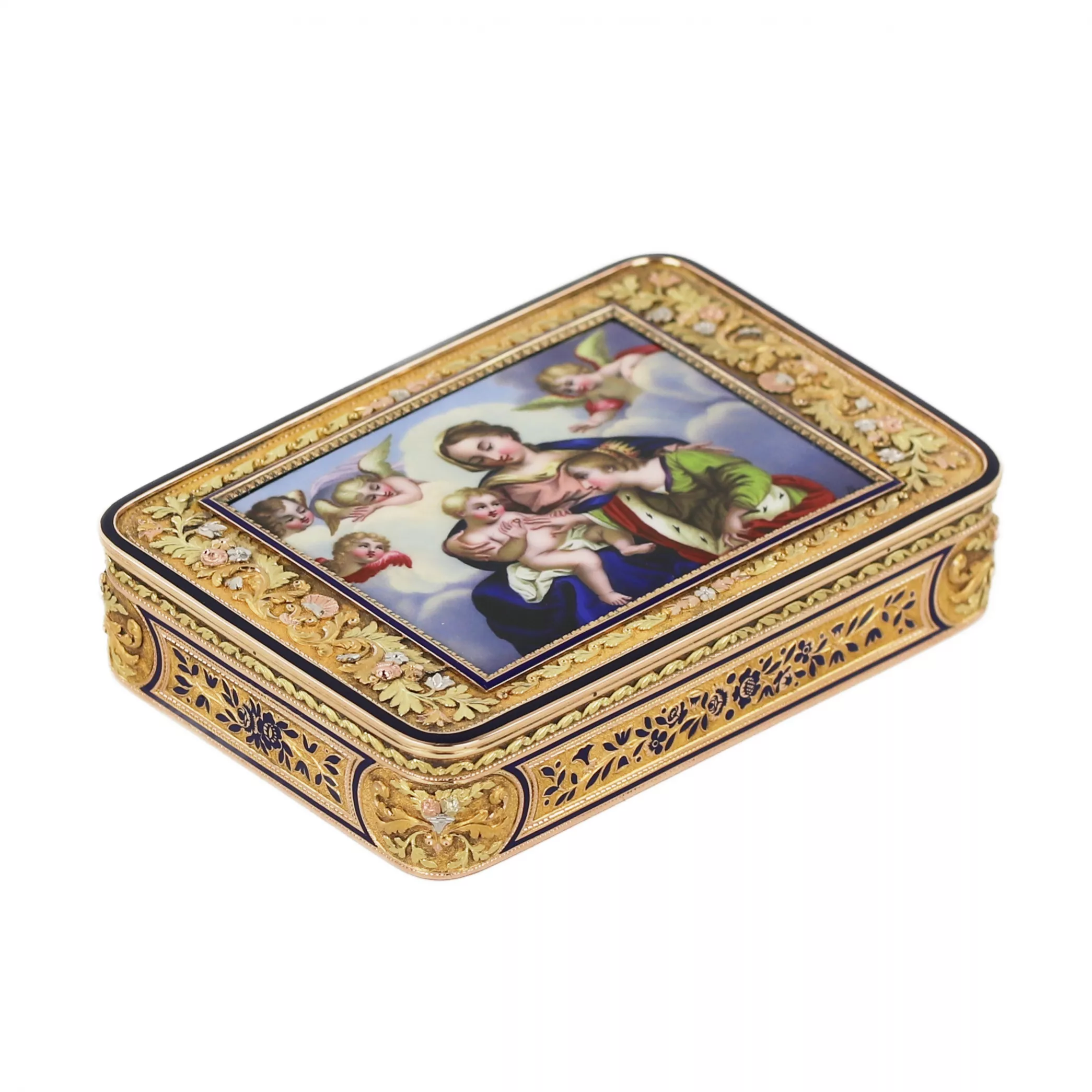 GOLD SNUFFBOX WITH MINIATURE “SAINTE ANNE TRINITAIRE”. ATTRIBUTED TO JOHANN DANIEL BERNEAUD (1773 - 1861) SWITZERLAND, CIRCA 1820 - 1835