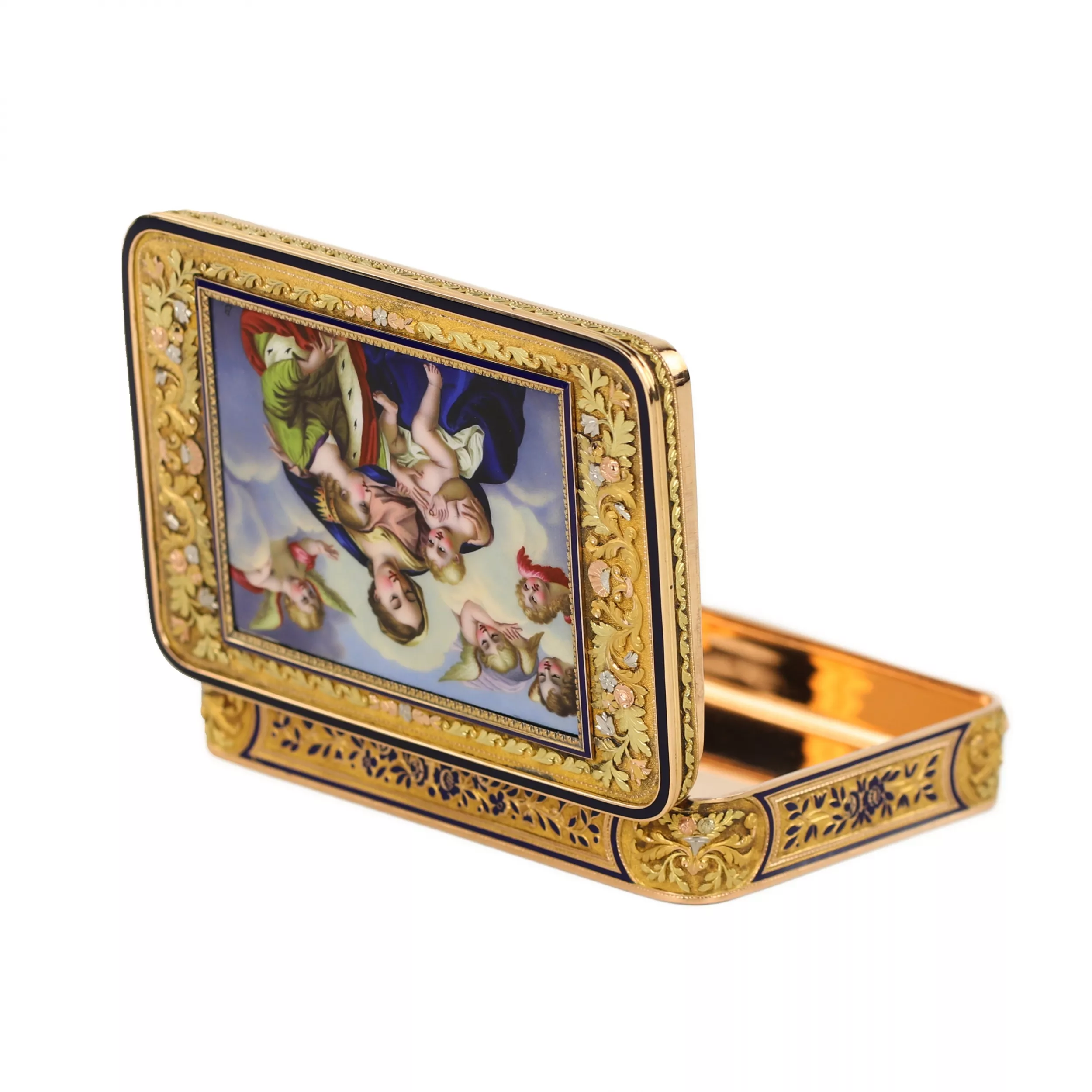 GOLD SNUFFBOX WITH MINIATURE “SAINTE ANNE TRINITAIRE”. ATTRIBUTED TO JOHANN DANIEL BERNEAUD (1773 - 1861) SWITZERLAND, CIRCA 1820 - 1835