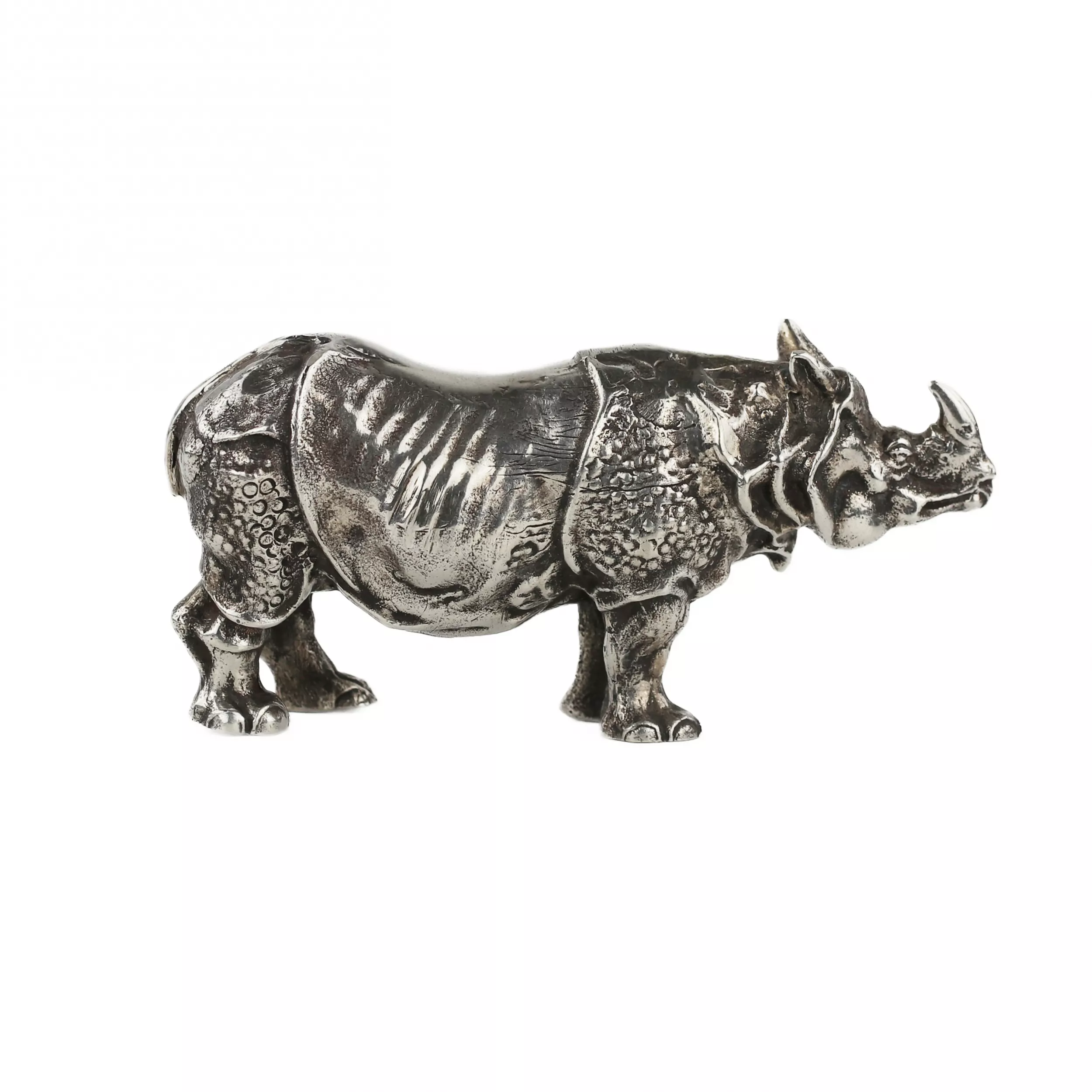 RHINOCEROS. SILVER DESK SCULPTURE. ITALY, SECOND HALF OF THE 20TH CENTURY