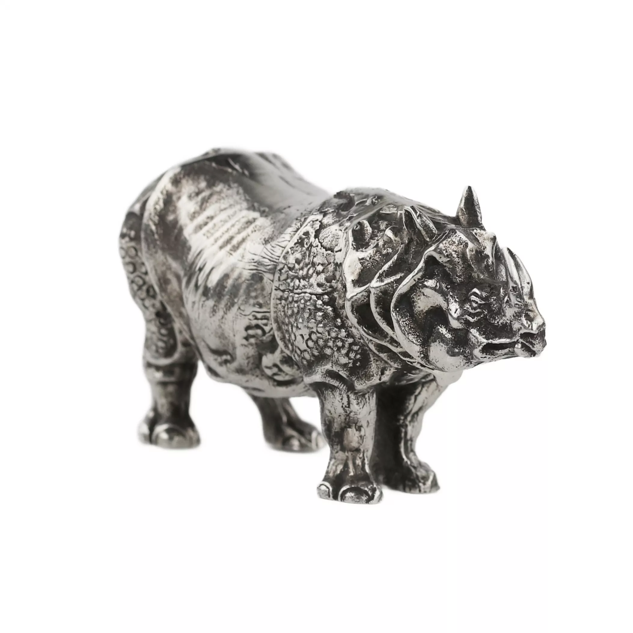RHINOCEROS. SILVER DESK SCULPTURE. ITALY, SECOND HALF OF THE 20TH CENTURY