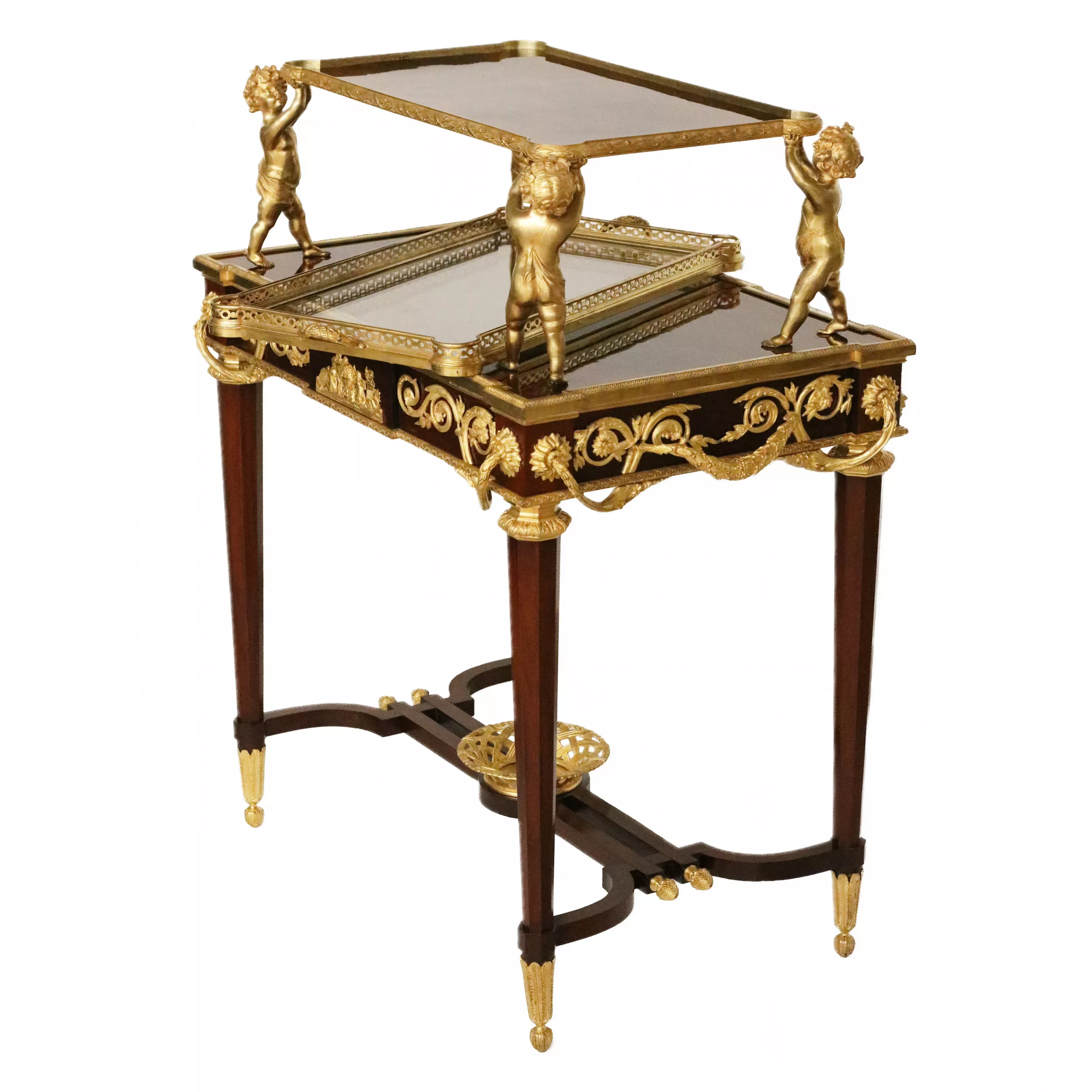 Two-tier tea table with attributes in the Louis XVI style, modeled by Francois Lincke. France, late 19th century 
