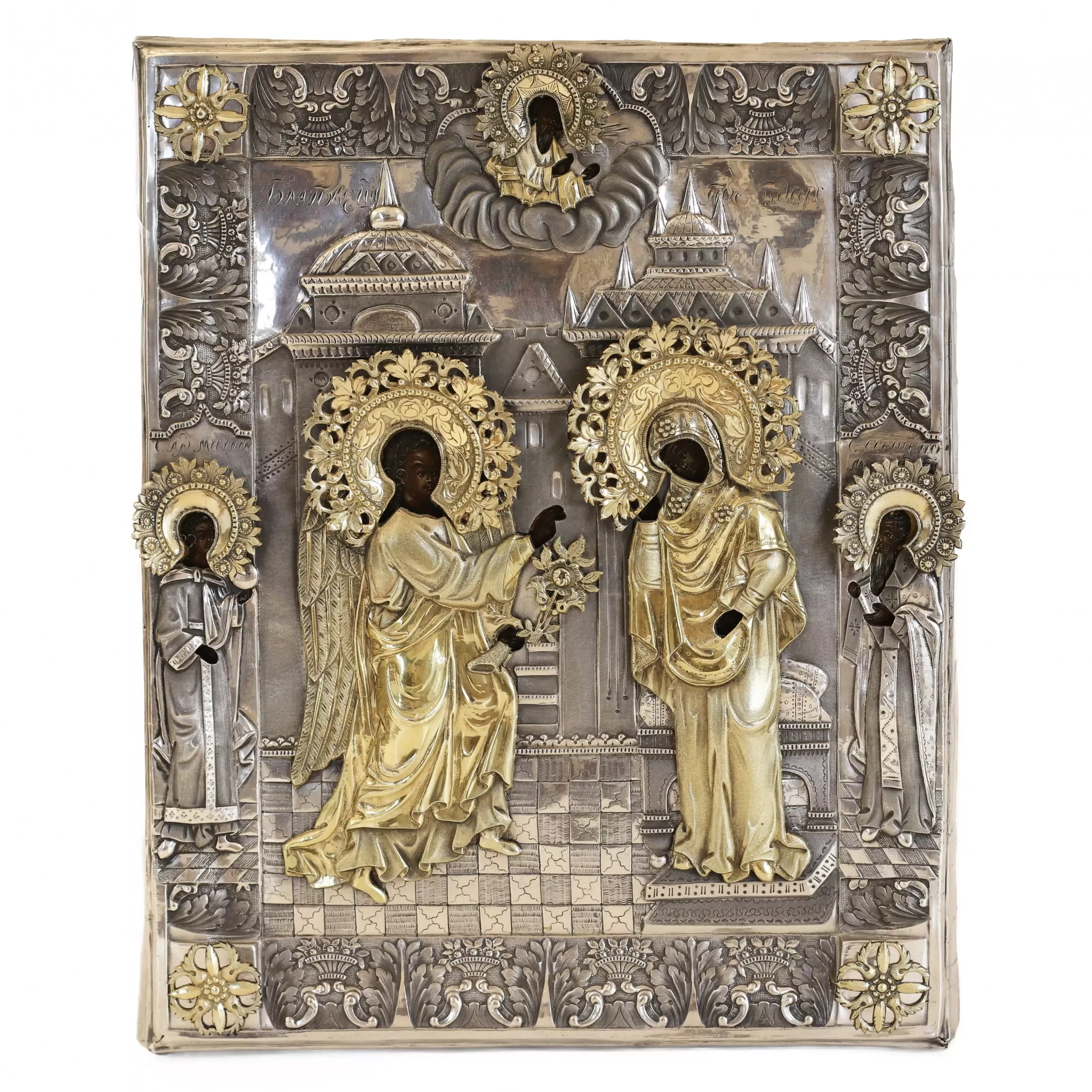 Rare icône de l`Annonciation dans un cadre en argent doré par Ivan Semyonovich Gubkin, Russie, années 1840.