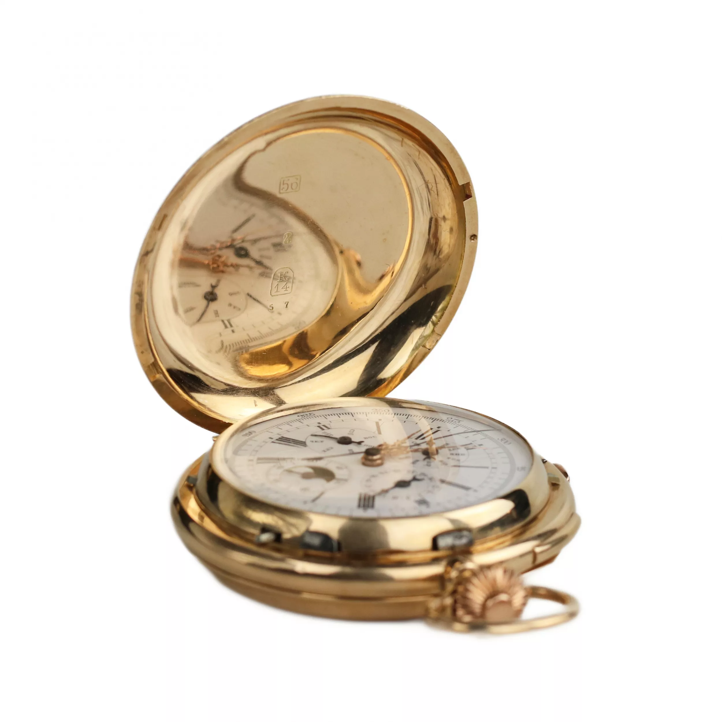 MONTRE DE POCHE EN OR AVEC RÉPÉTITION DES QUARTS, CHRONOGRAPHE, CALENDRIER TRIPLE ET PHASES DE LUNE. REYEM FRÈRES LOCLE  SUISSE, VERS 1900
