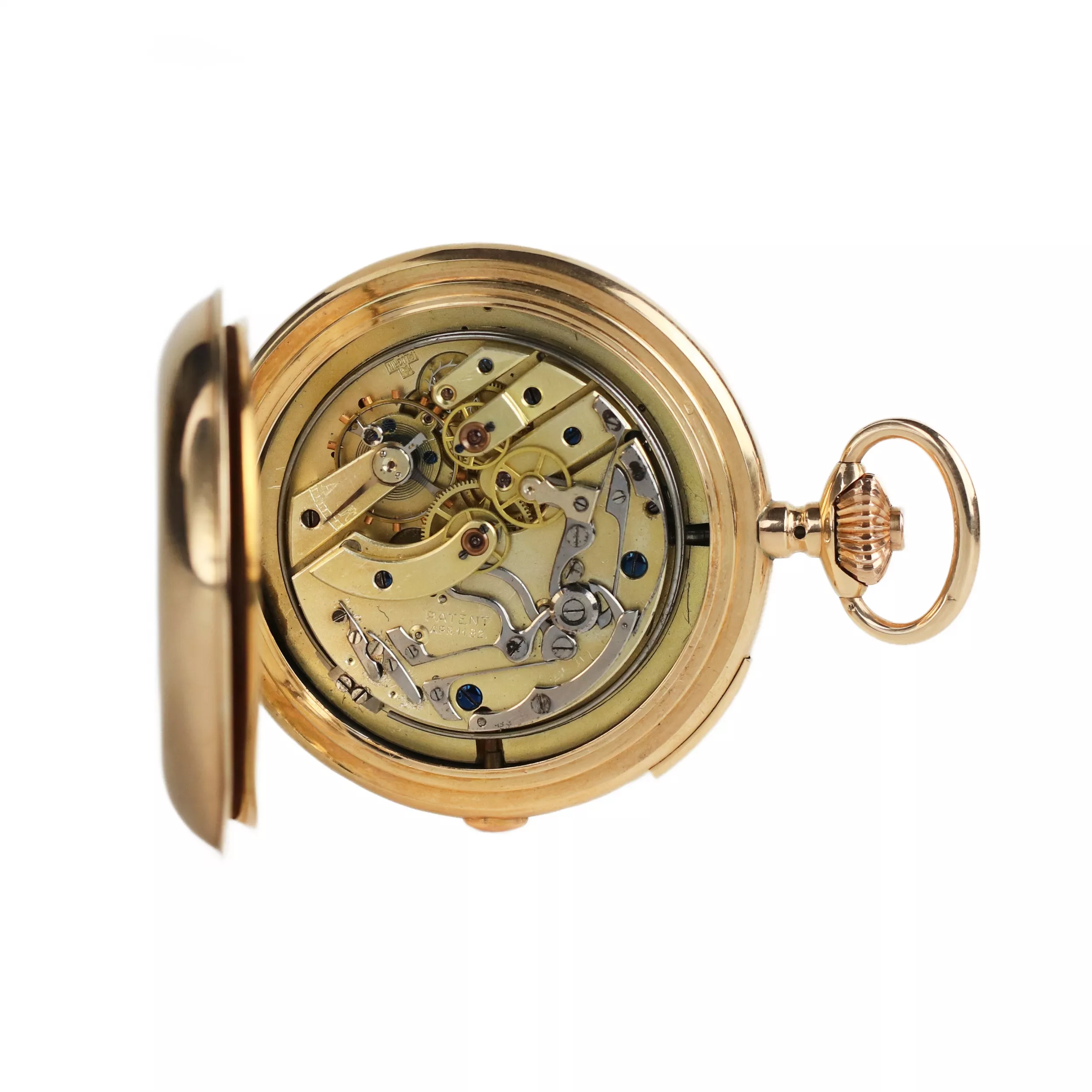 MONTRE DE POCHE EN OR AVEC RÉPÉTITION DES QUARTS, CHRONOGRAPHE, CALENDRIER TRIPLE ET PHASES DE LUNE. REYEM FRÈRES LOCLE  SUISSE, VERS 1900