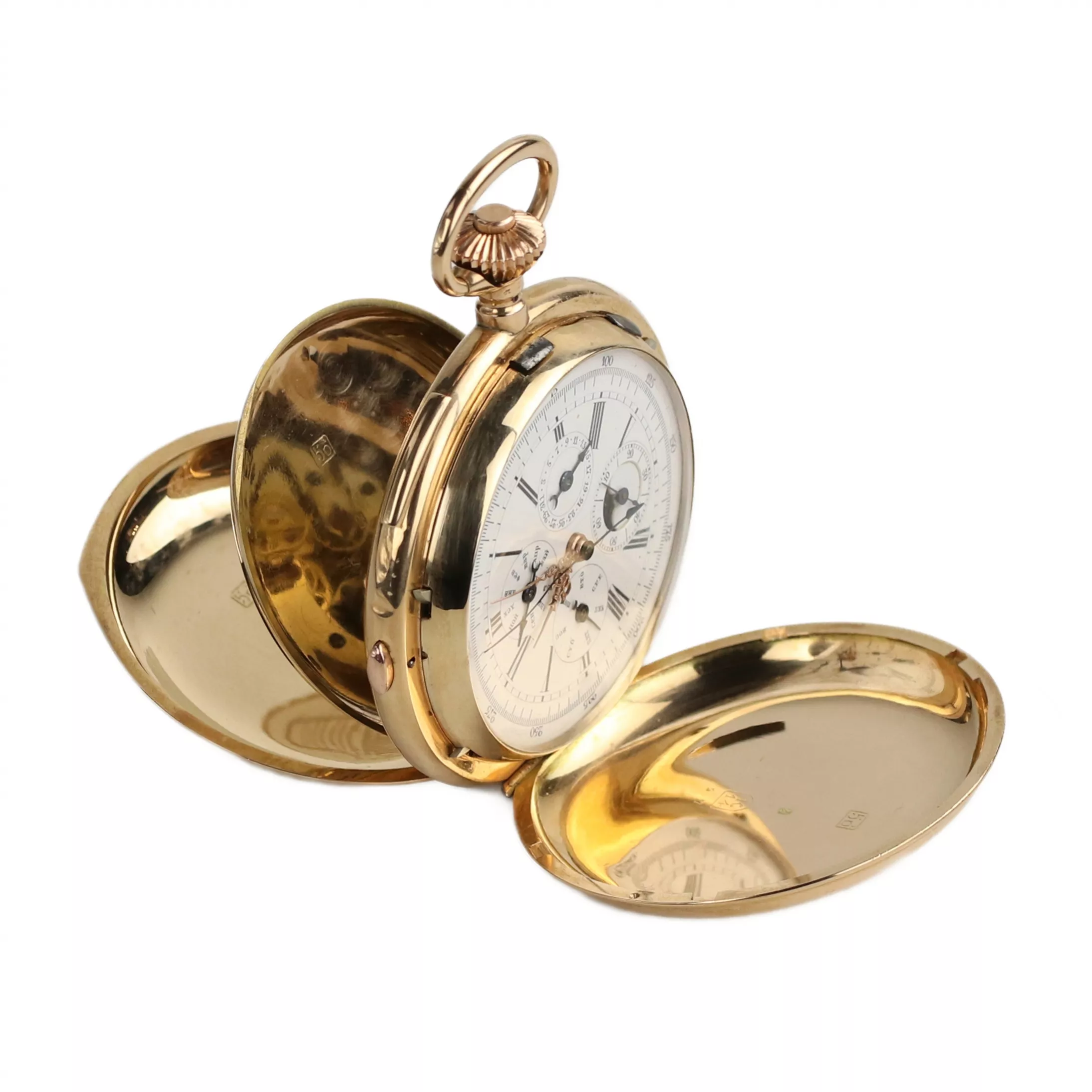 MONTRE DE POCHE EN OR AVEC RÉPÉTITION DES QUARTS, CHRONOGRAPHE, CALENDRIER TRIPLE ET PHASES DE LUNE. REYEM FRÈRES LOCLE  SUISSE, VERS 1900