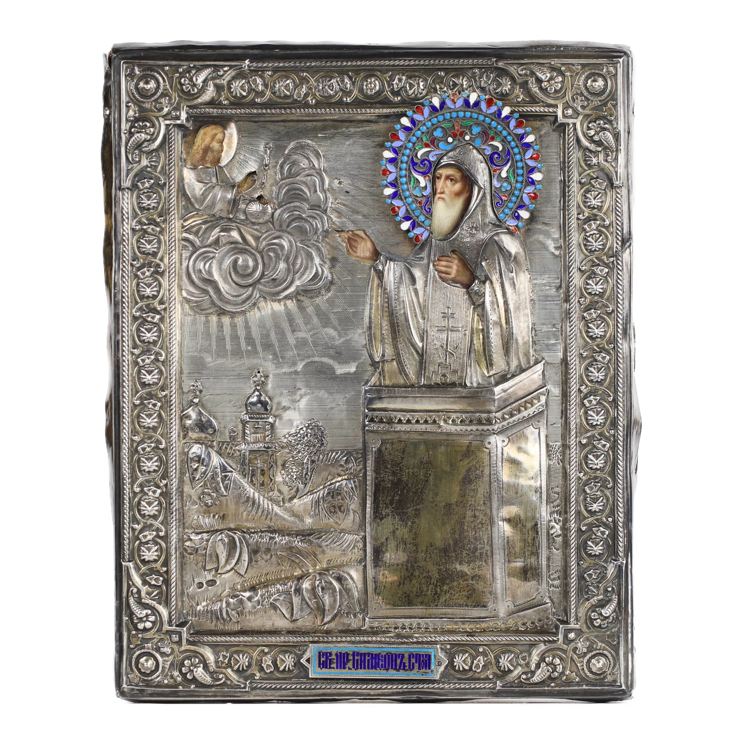 ICON OF SAINT SIMEON THE STYLITE IN A SILVER AND ENAMEL OKLAD. SEMYON GALKIN RUSSIA, MOSCOW, LATE 19TH - EARLY 20TH CENTURY
