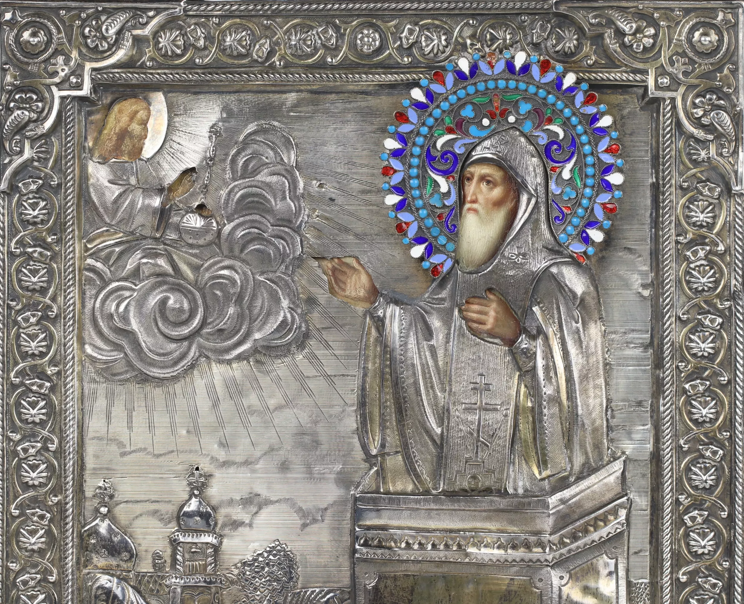 ICON OF SAINT SIMEON THE STYLITE IN A SILVER AND ENAMEL OKLAD. SEMYON GALKIN RUSSIA, MOSCOW, LATE 19TH - EARLY 20TH CENTURY