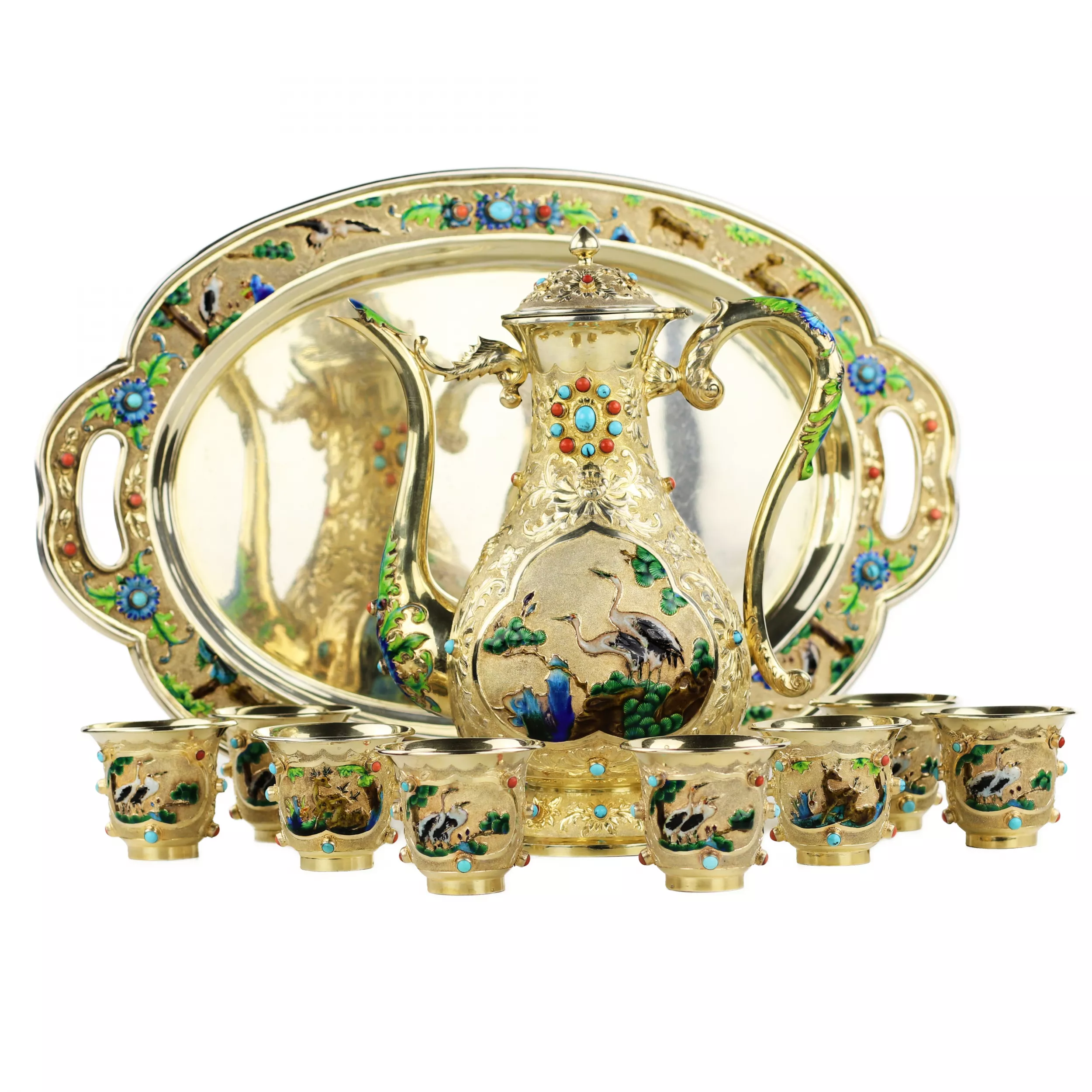 SERVICE À THÉ CHINOIS D’EXPORTATION EN ARGENT DORÉ AVEC ÉMAUX ET CABOCHONS CHINE, DÉBUT DU XXE SIÈCLE
