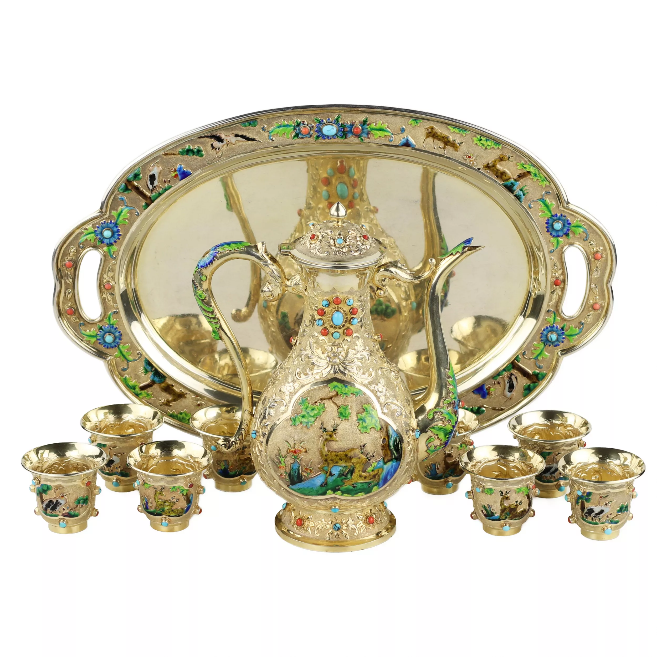 SERVICE À THÉ CHINOIS D’EXPORTATION EN ARGENT DORÉ AVEC ÉMAUX ET CABOCHONS CHINE, DÉBUT DU XXE SIÈCLE
