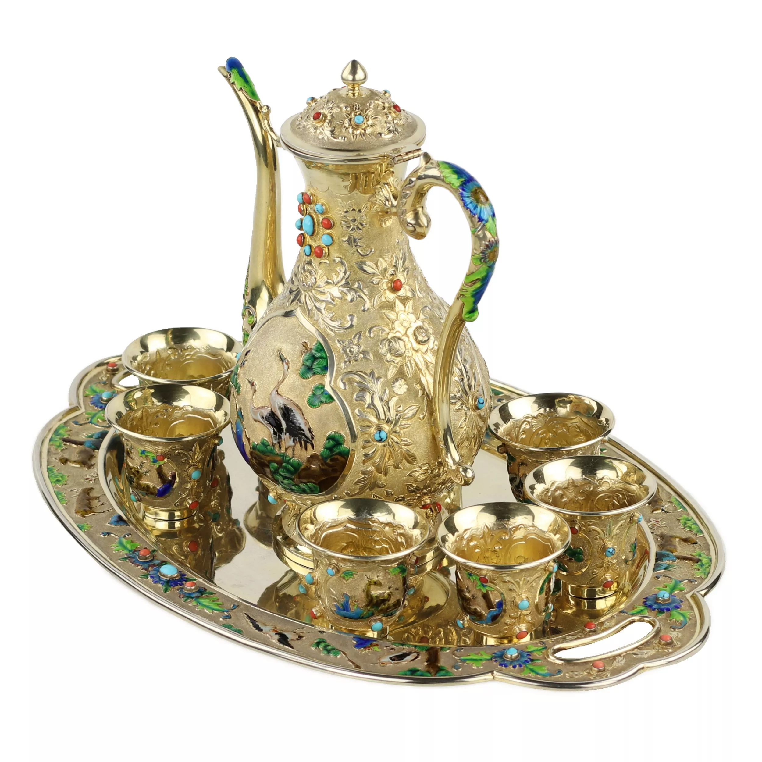 SERVICE À THÉ CHINOIS D’EXPORTATION EN ARGENT DORÉ AVEC ÉMAUX ET CABOCHONS CHINE, DÉBUT DU XXE SIÈCLE