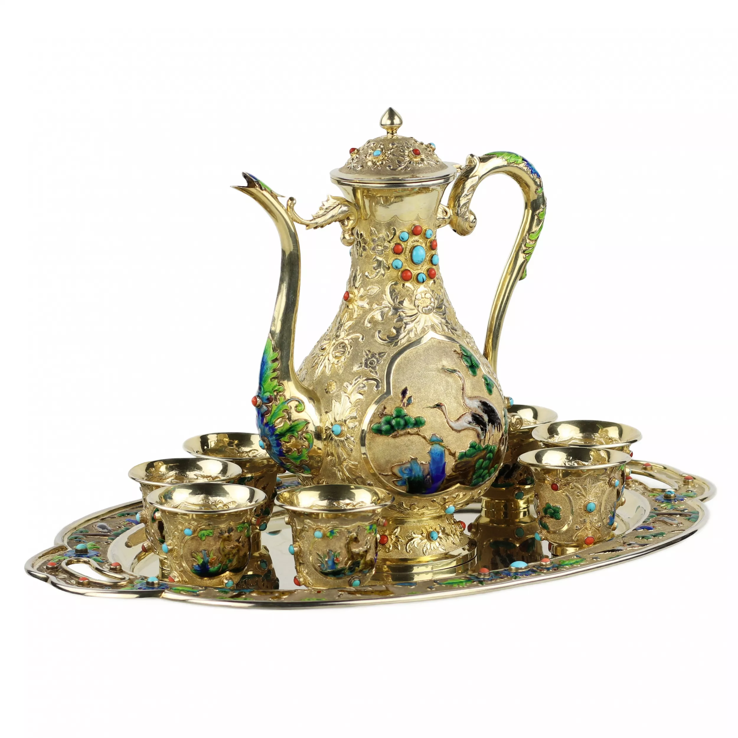 SERVICE À THÉ CHINOIS D’EXPORTATION EN ARGENT DORÉ AVEC ÉMAUX ET CABOCHONS CHINE, DÉBUT DU XXE SIÈCLE