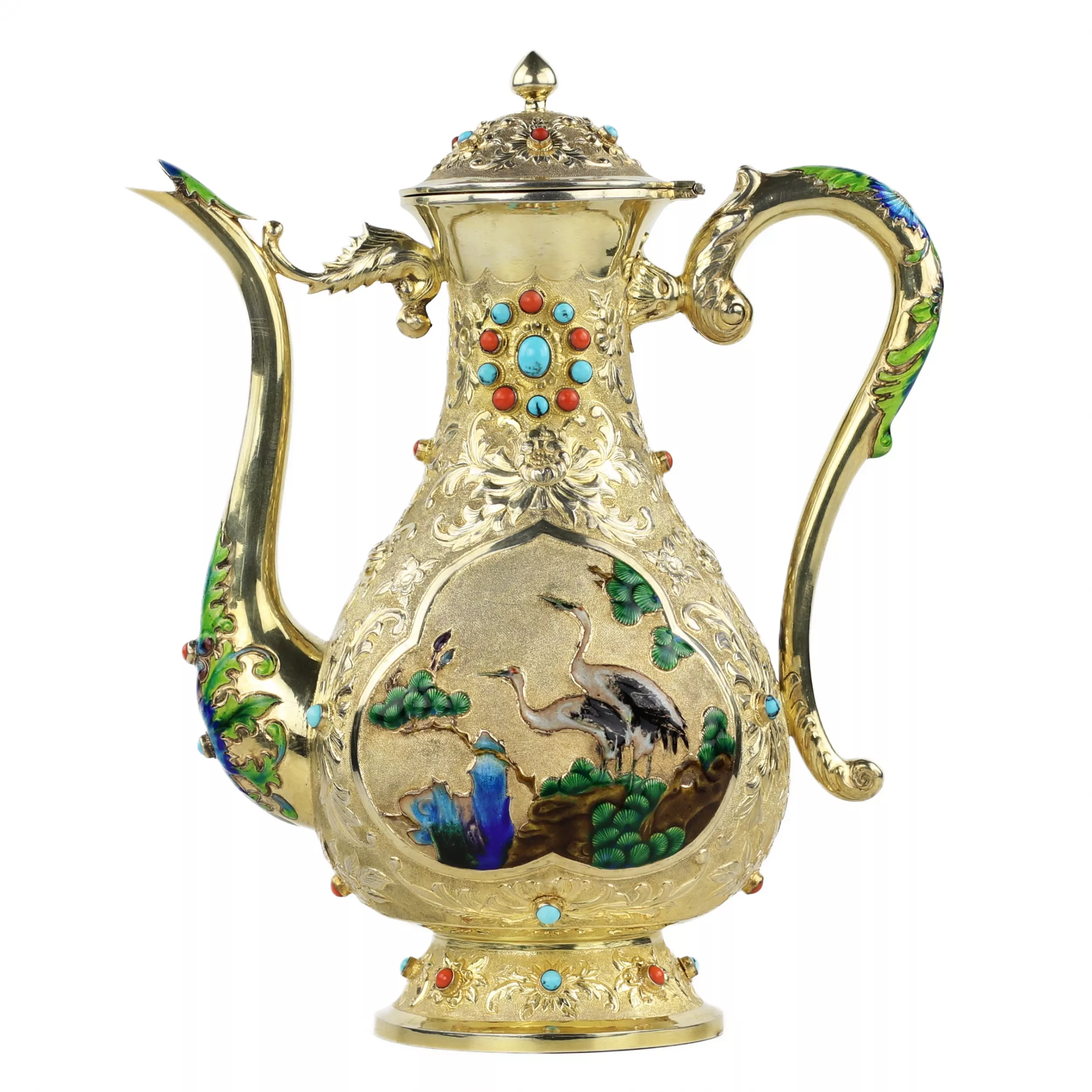 SERVICE À THÉ CHINOIS D’EXPORTATION EN ARGENT DORÉ AVEC ÉMAUX ET CABOCHONS CHINE, DÉBUT DU XXE SIÈCLE