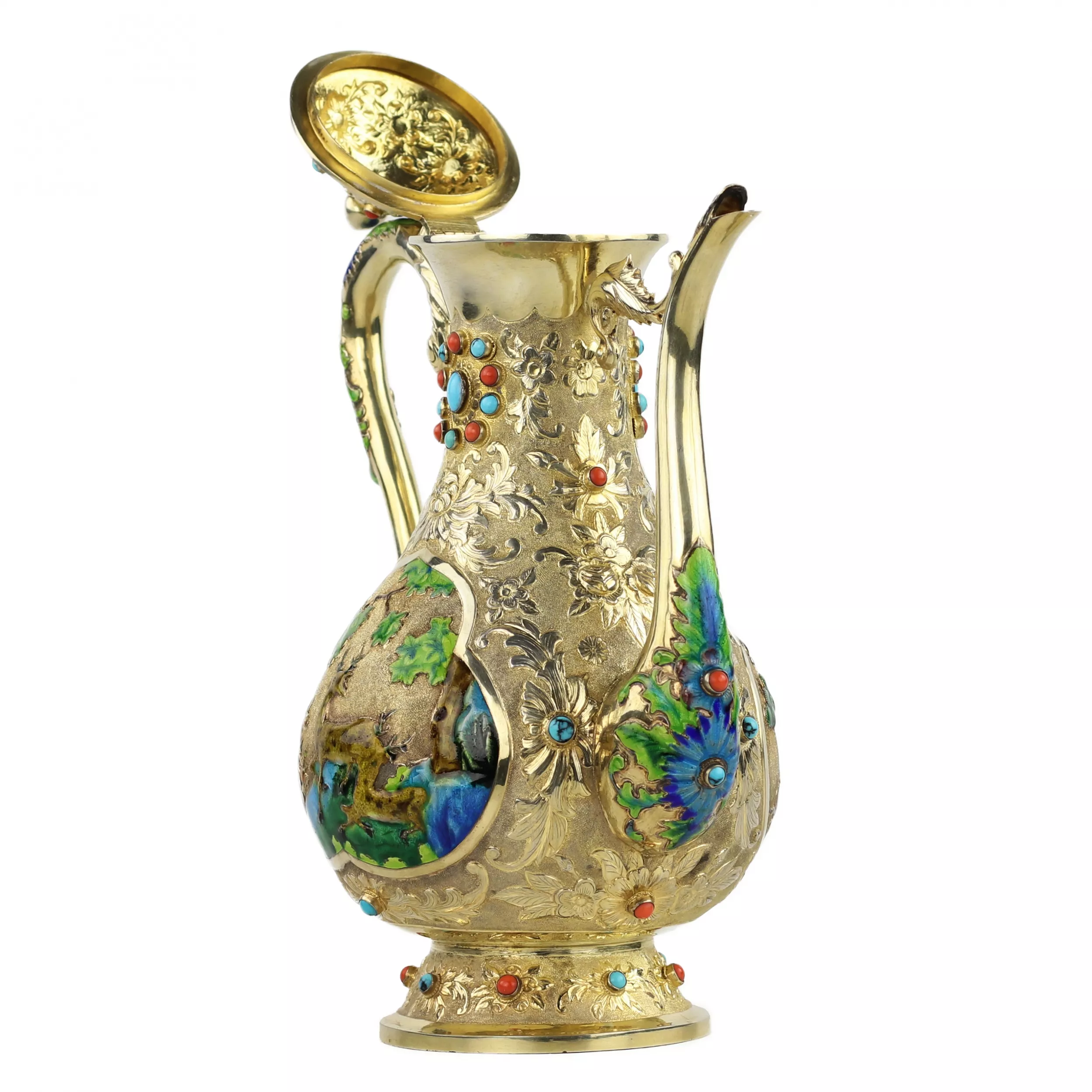 SERVICE À THÉ CHINOIS D’EXPORTATION EN ARGENT DORÉ AVEC ÉMAUX ET CABOCHONS CHINE, DÉBUT DU XXE SIÈCLE