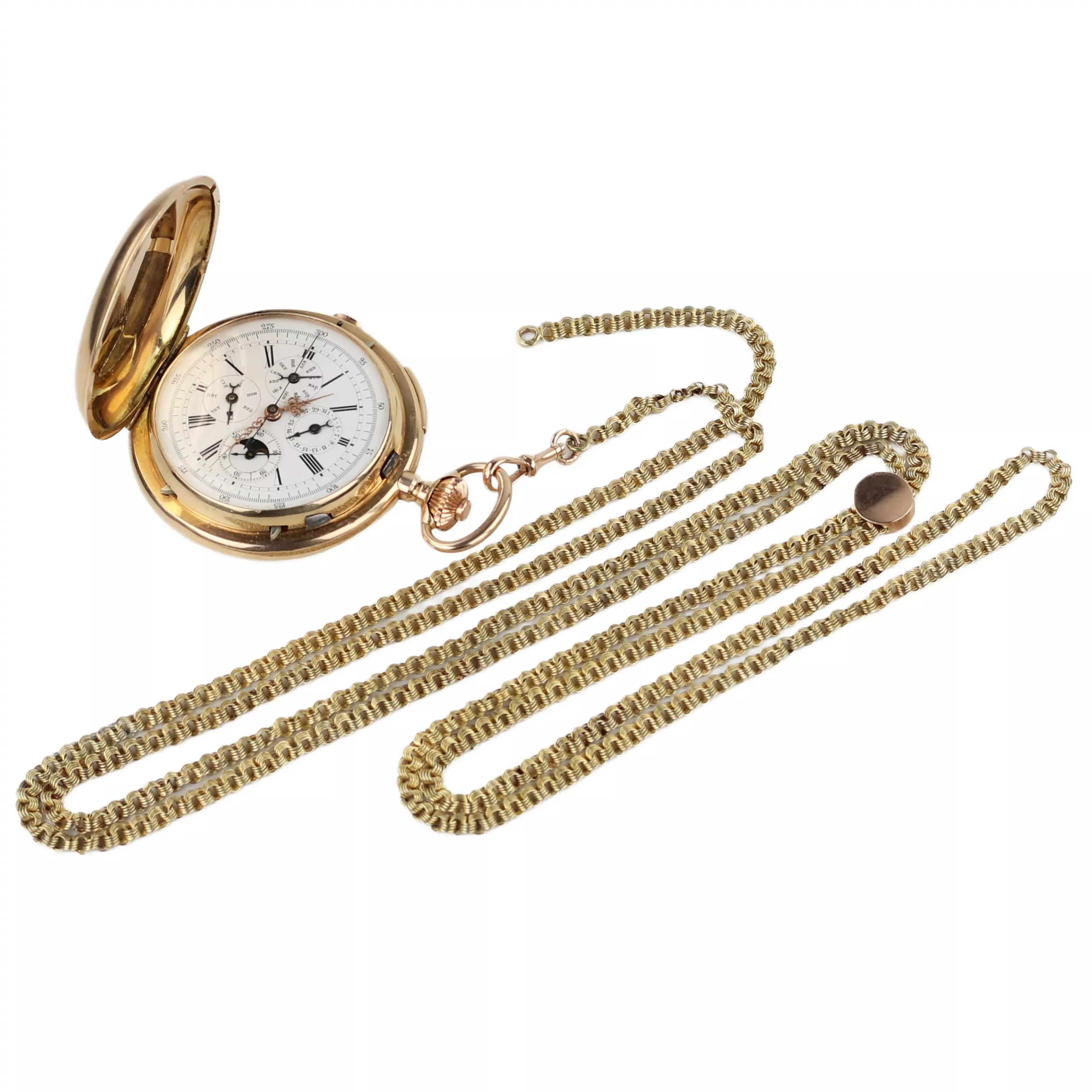 MONTRE DE POCHE EN OR AVEC RÉPÉTITION DES QUARTS, CHRONOGRAPHE, CALENDRIER TRIPLE ET PHASES DE LUNE. REYEM FRÈRES LOCLE  SUISSE, VERS 1900