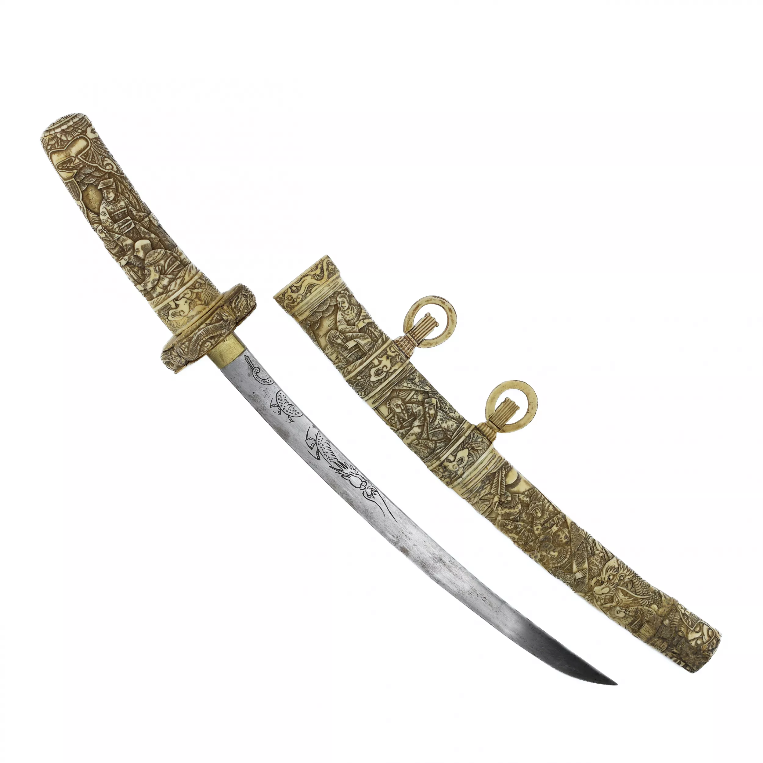 Sabre Wakizashi japonais dans un fourreau en os sculpté, fin de la période Meiji (tournant des XIXe et XXe siècles) 