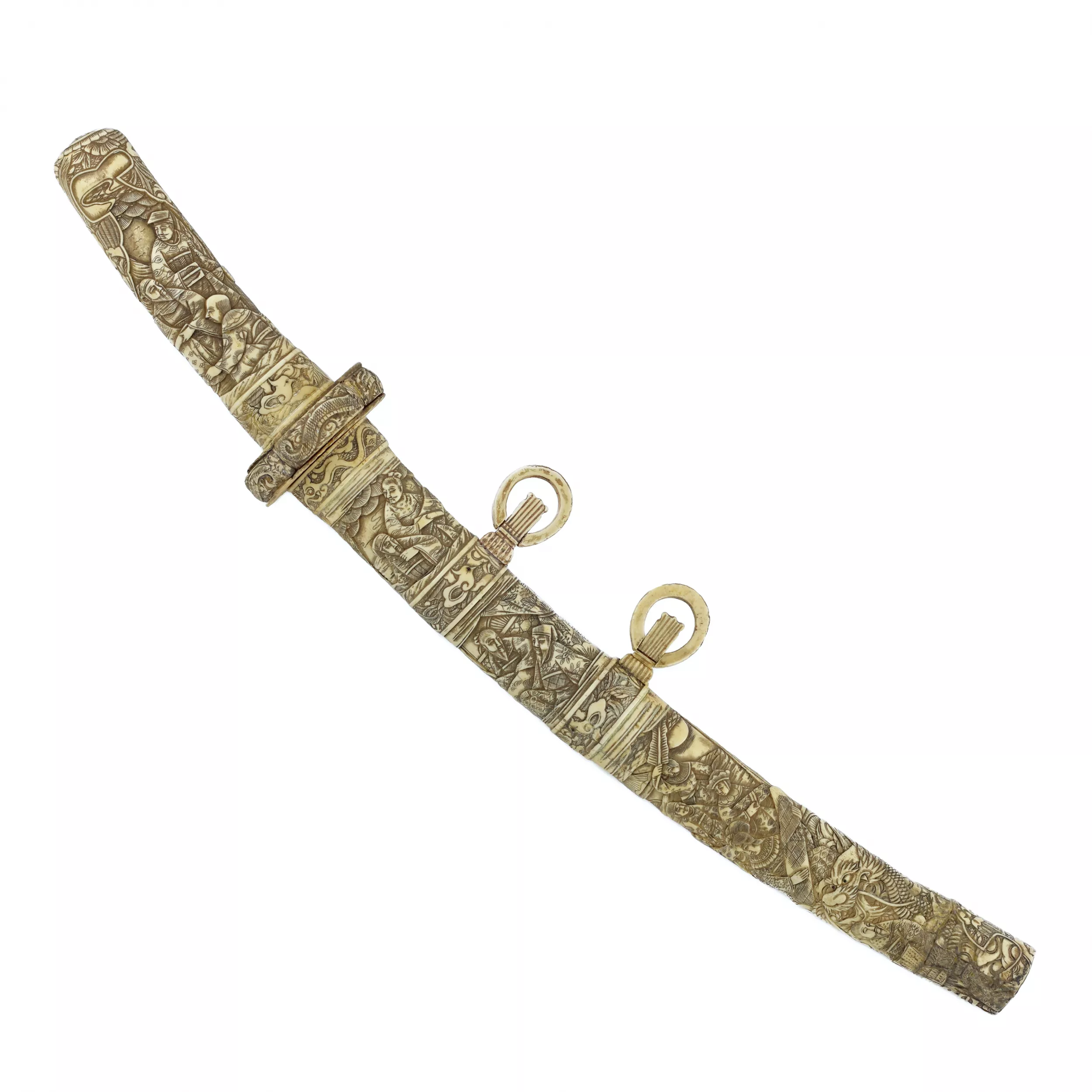 Sabre Wakizashi japonais dans un fourreau en os sculpté, fin de la période Meiji (tournant des XIXe et XXe siècles) 