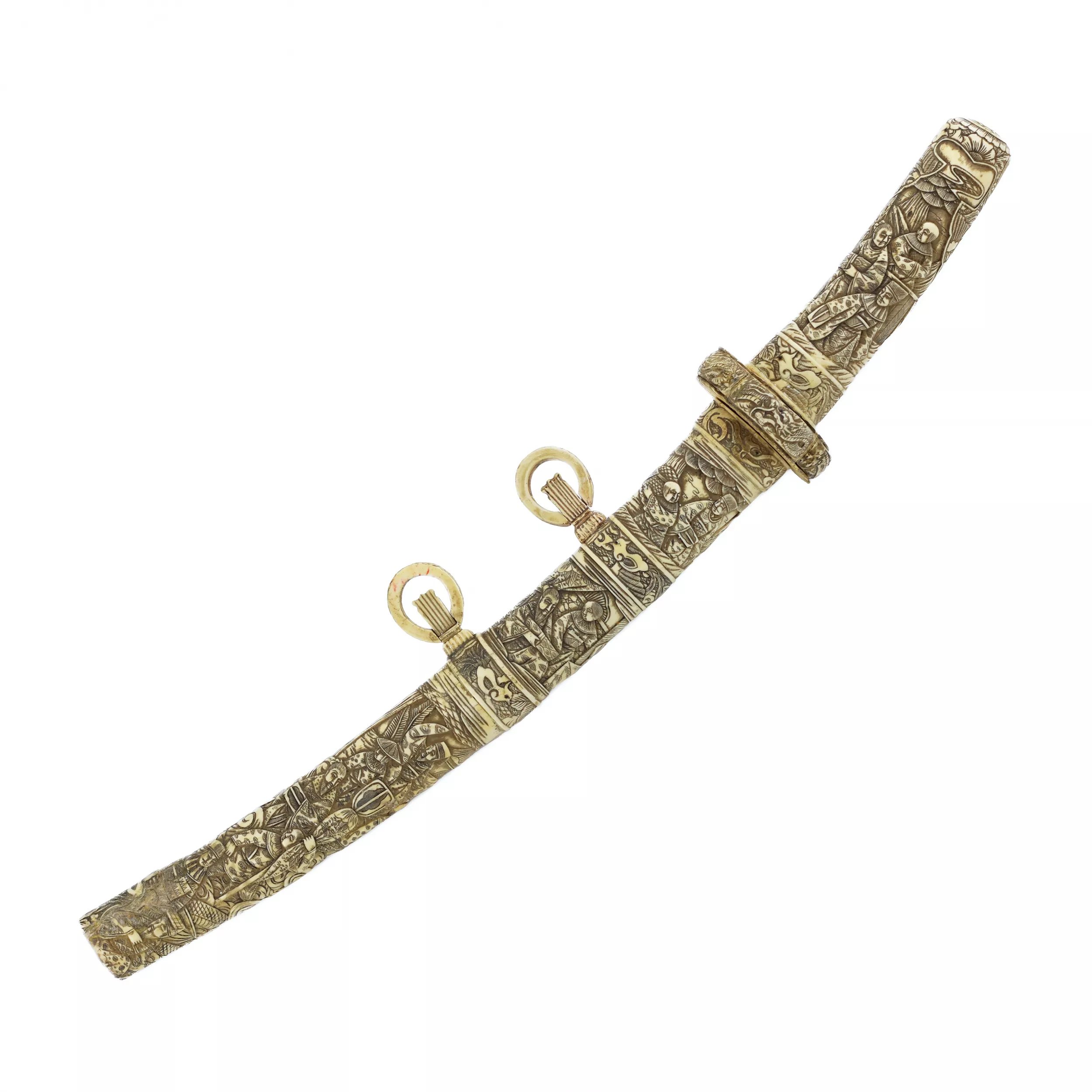 Sabre Wakizashi japonais dans un fourreau en os sculpté, fin de la période Meiji (tournant des XIXe et XXe siècles) 