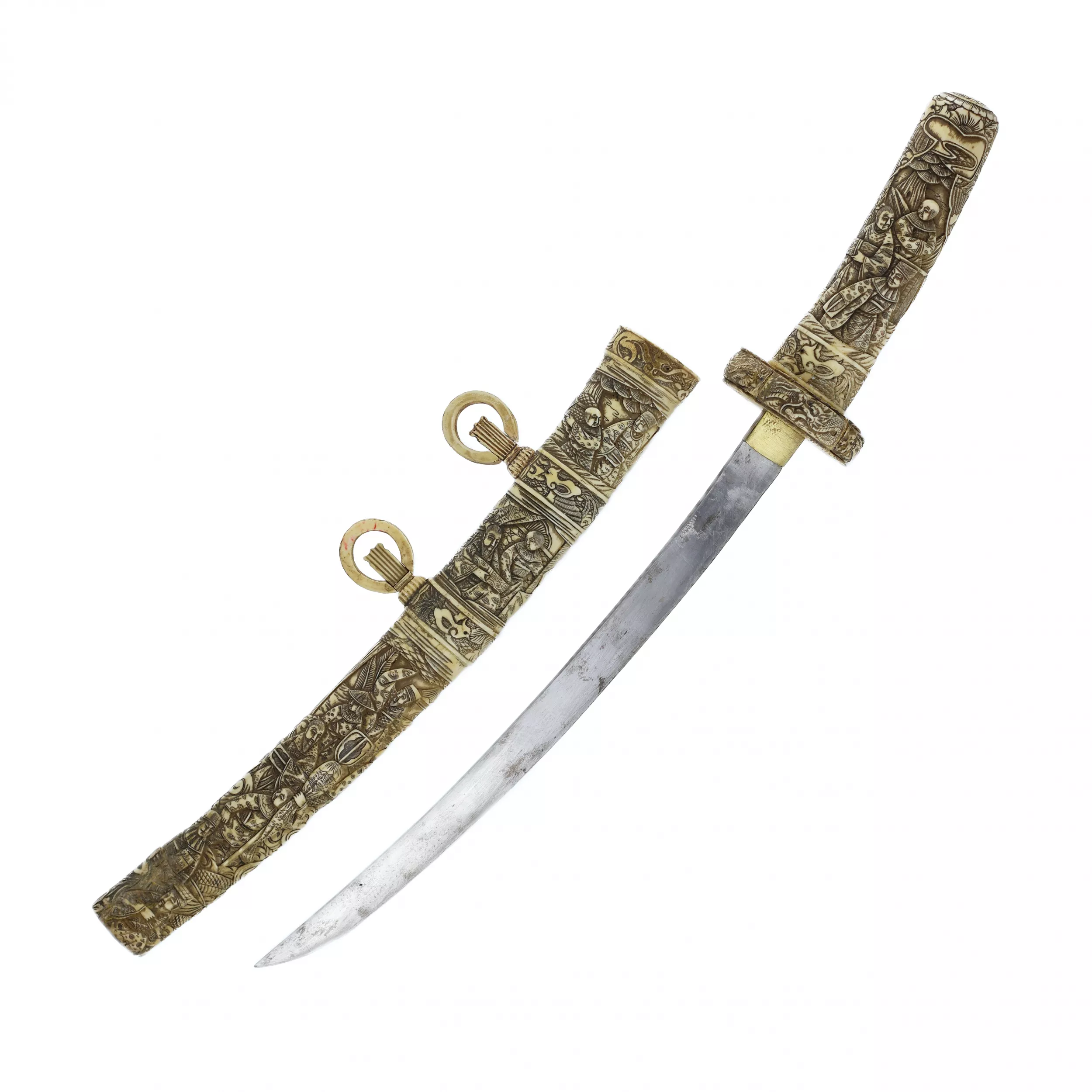 Sabre Wakizashi japonais dans un fourreau en os sculpté, fin de la période Meiji (tournant des XIXe et XXe siècles) 