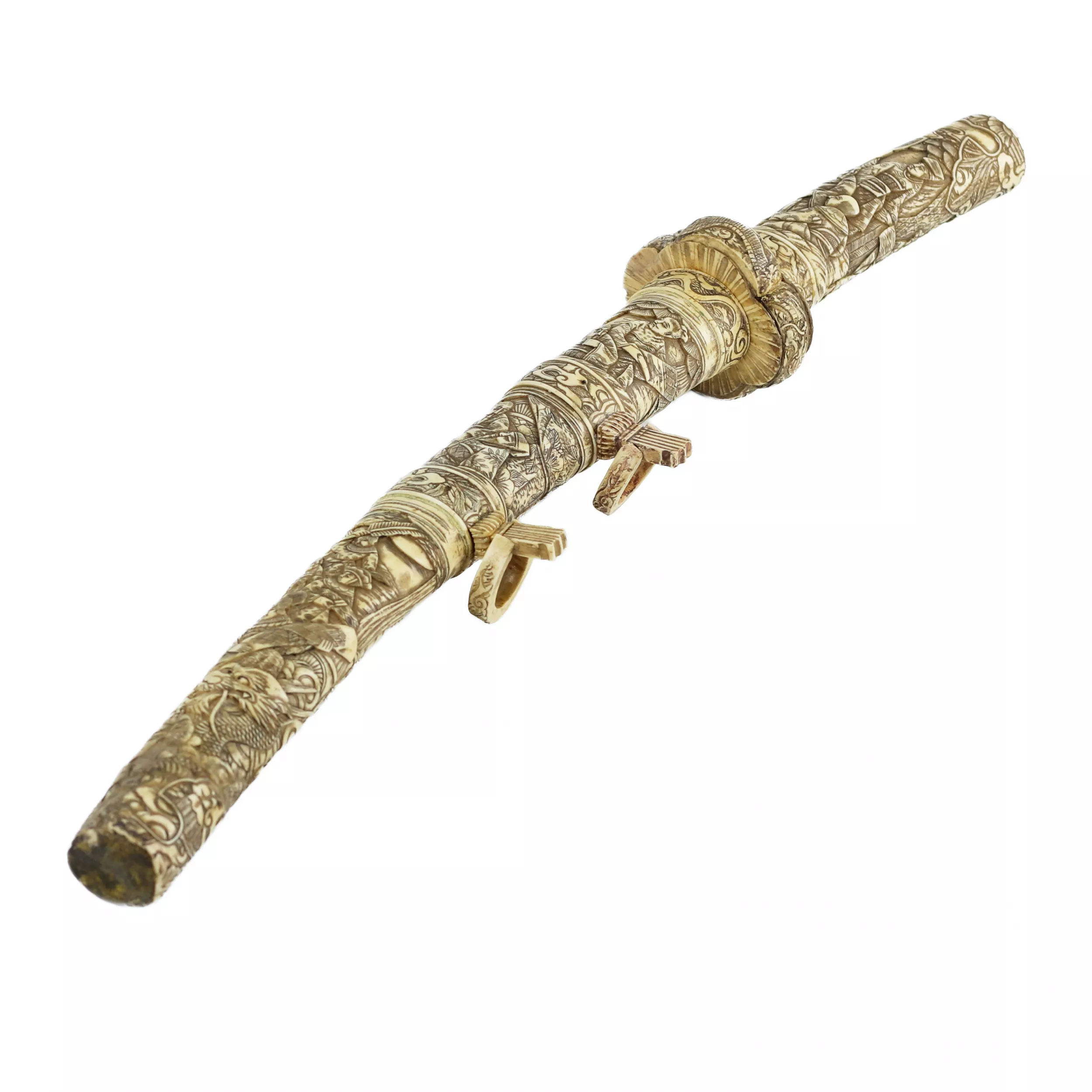 Sabre Wakizashi japonais dans un fourreau en os sculpté, fin de la période Meiji (tournant des XIXe et XXe siècles) 